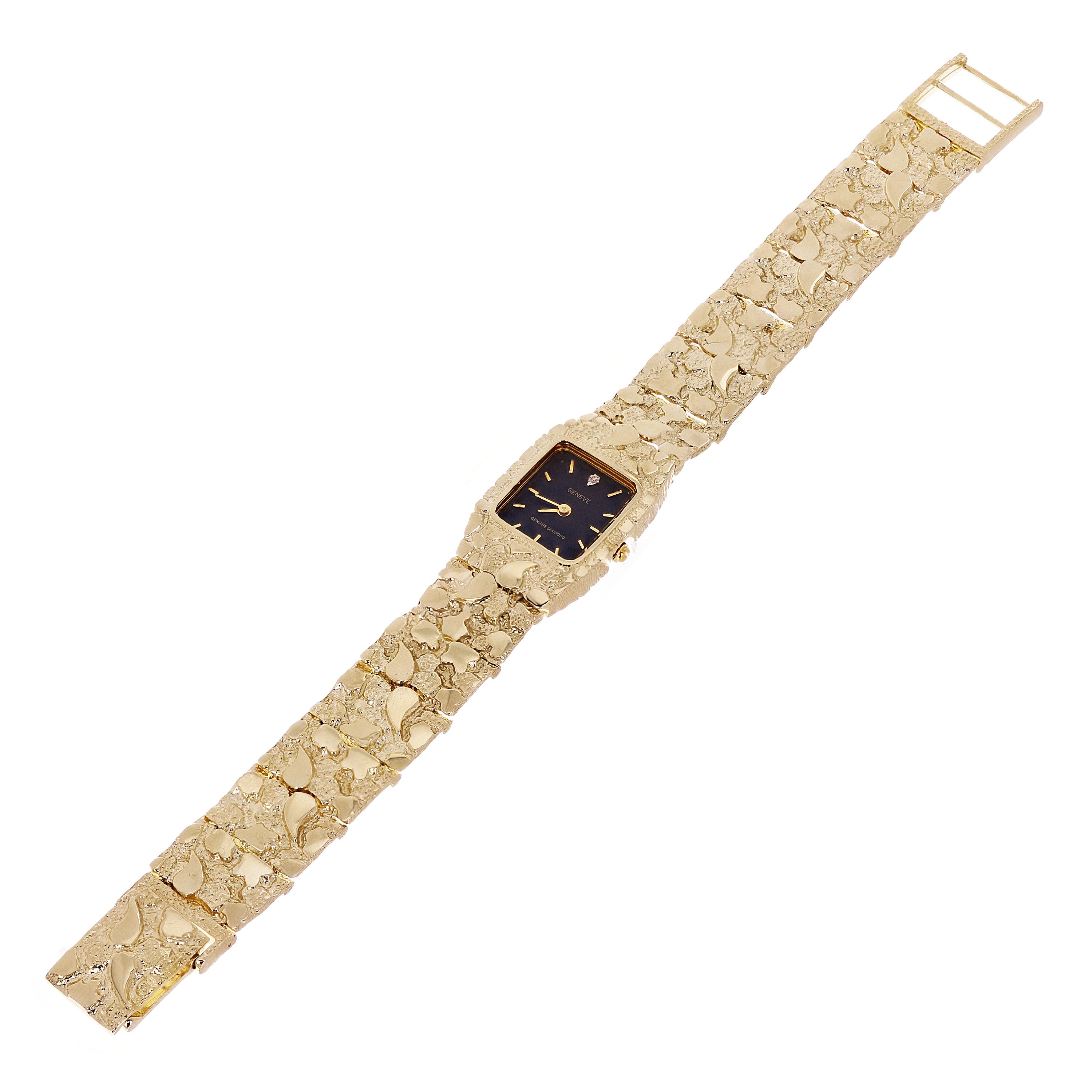10k Yellow Gold Nugget Link Wrist Watch Bracelet Geneve Diamond Watch 7-7.5" 40g