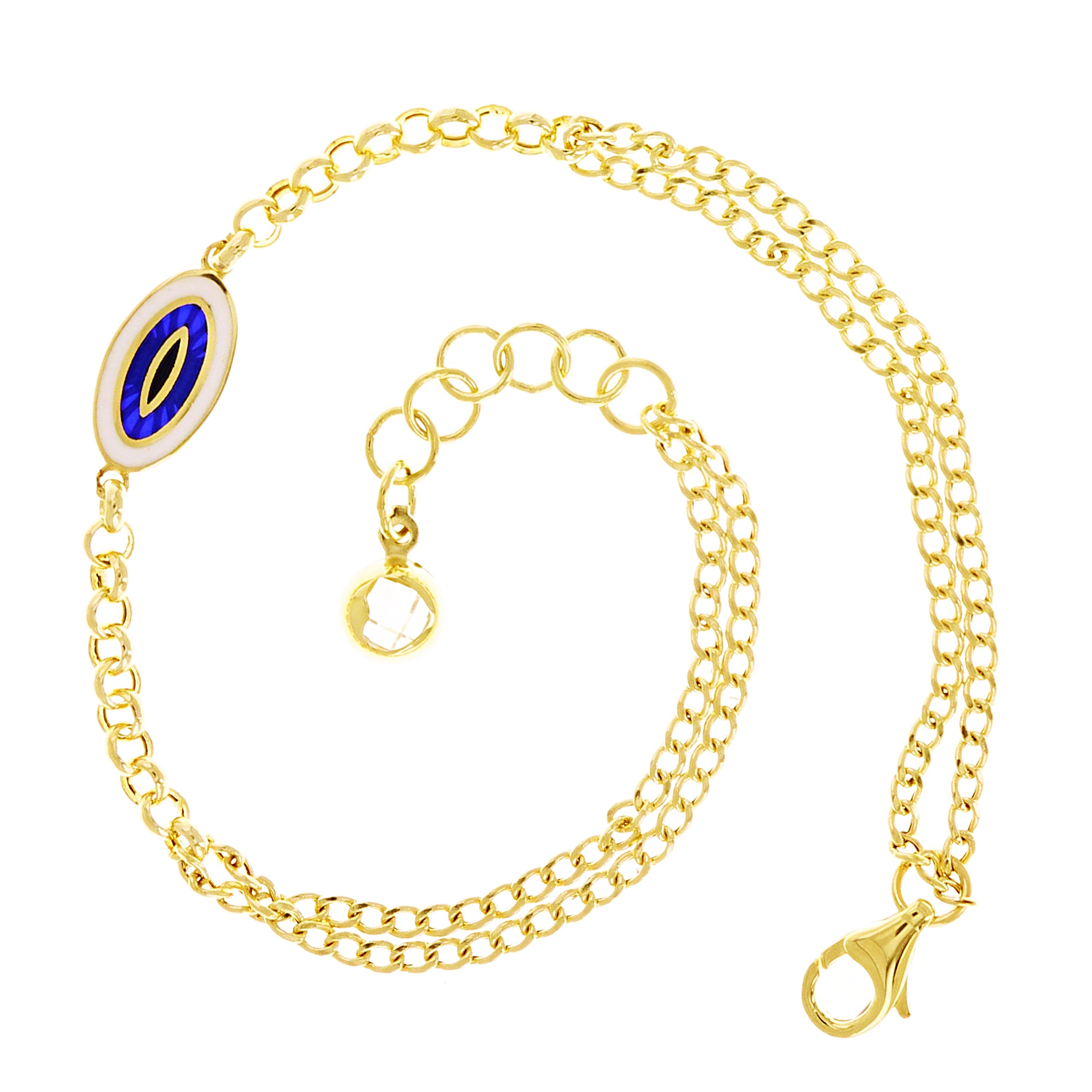 Italian 14k Yellow Gold Double Cuban Chain Evil Eye Charm Bracelet 7.5" 2.8grams
