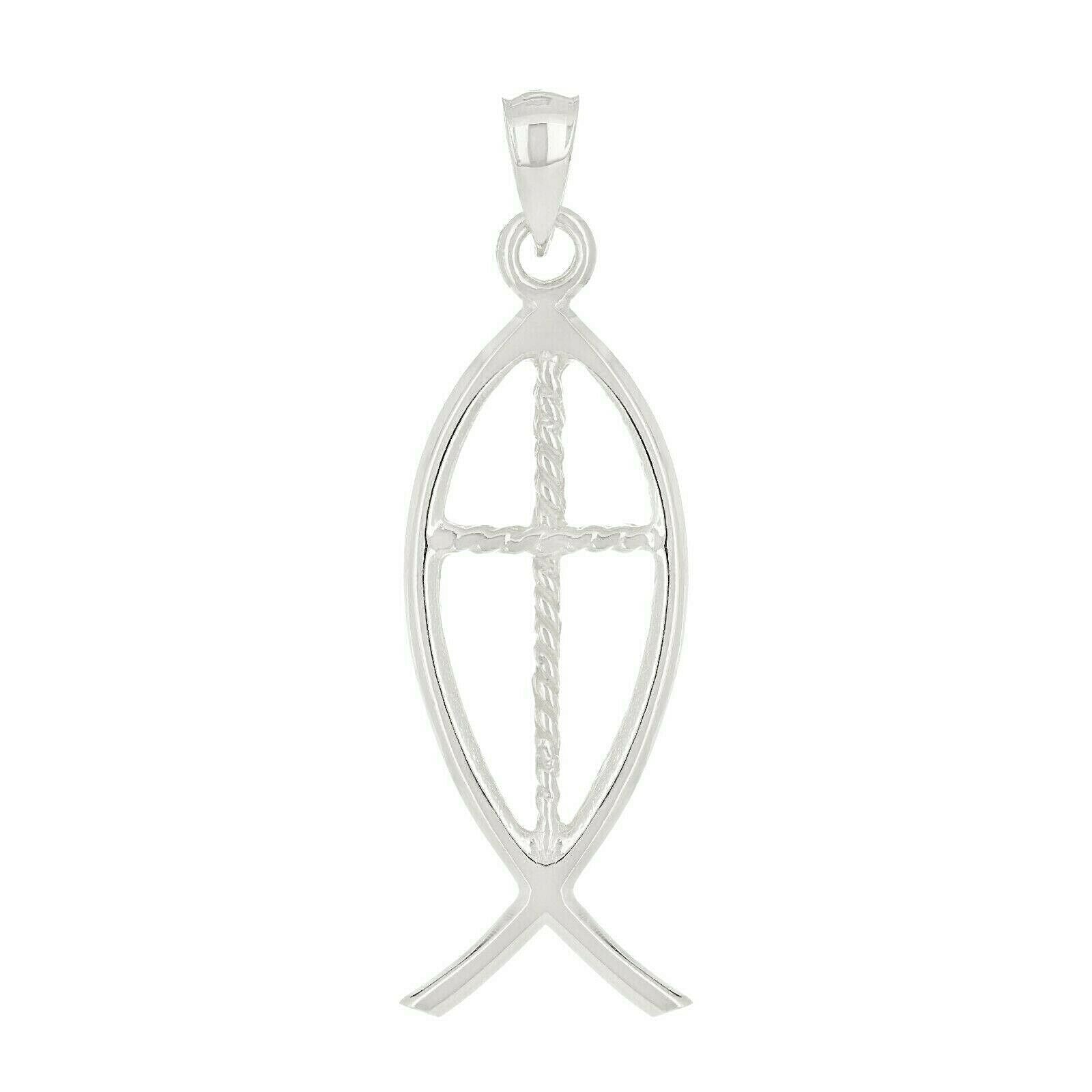 14k White Gold Jesus Cross Ichthus Christian Fish Charm Pendant 1.5" 2.6 grams - White