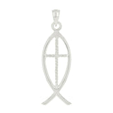 14k White Gold Jesus Cross Ichthus Christian Fish Charm Pendant 1.5" 2.6 grams - White