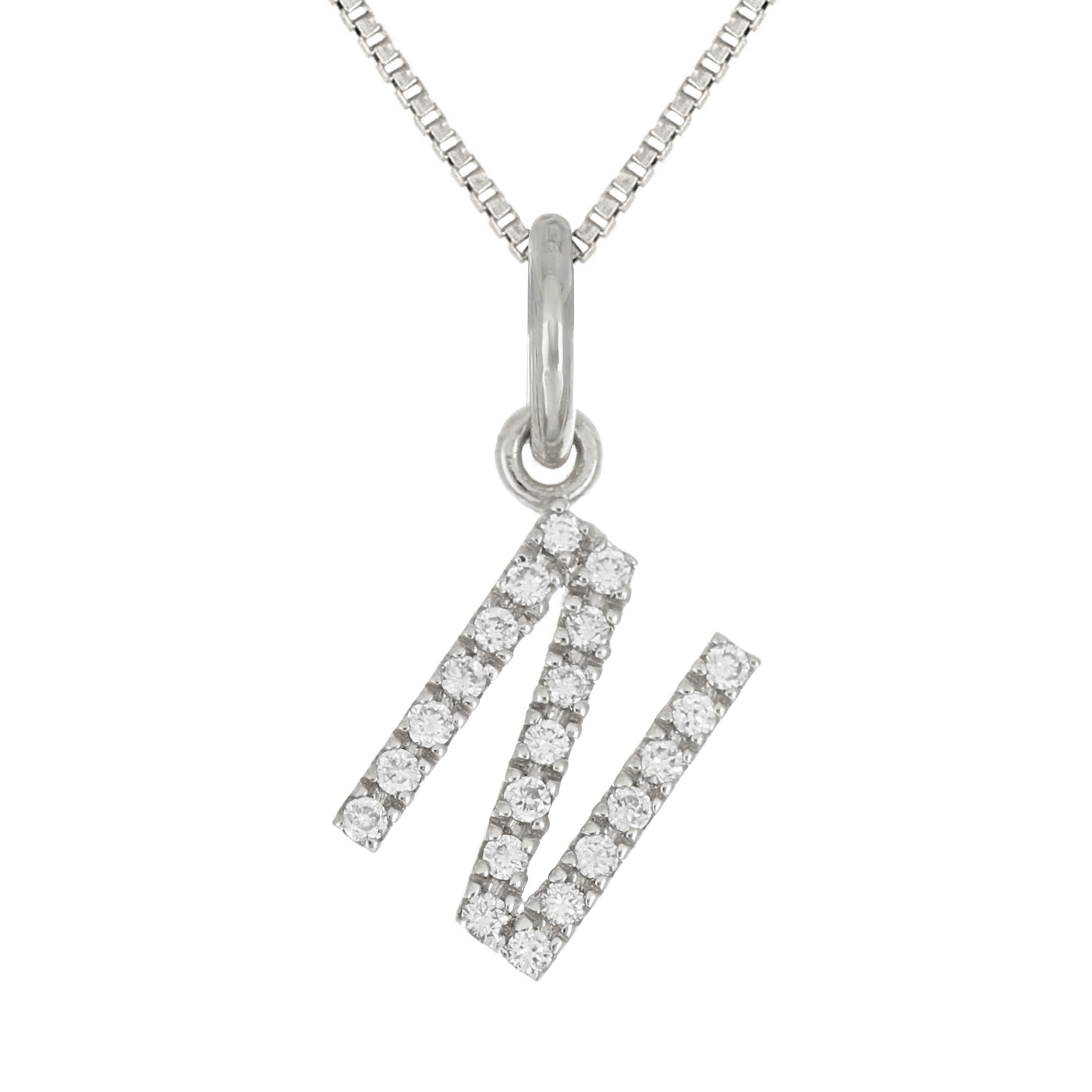 14k White Gold Diamond Initial Letter N Charm Pendant Necklace 18" - Letter N,White