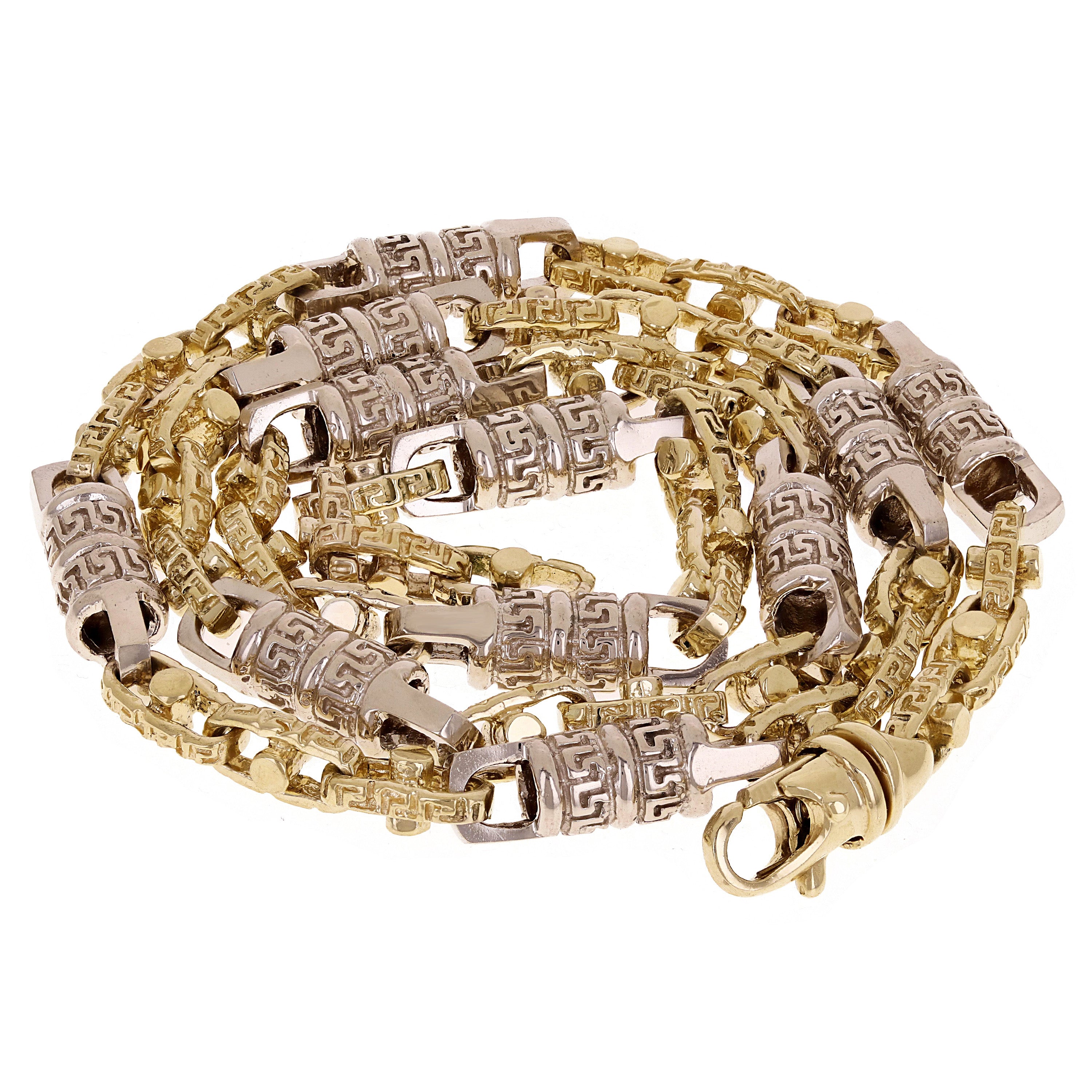14k Yellow & White Gold Greek Barrell & Links Gold Necklace 20" 7.5mm 81.7 grams - 20" 81.7 grams
