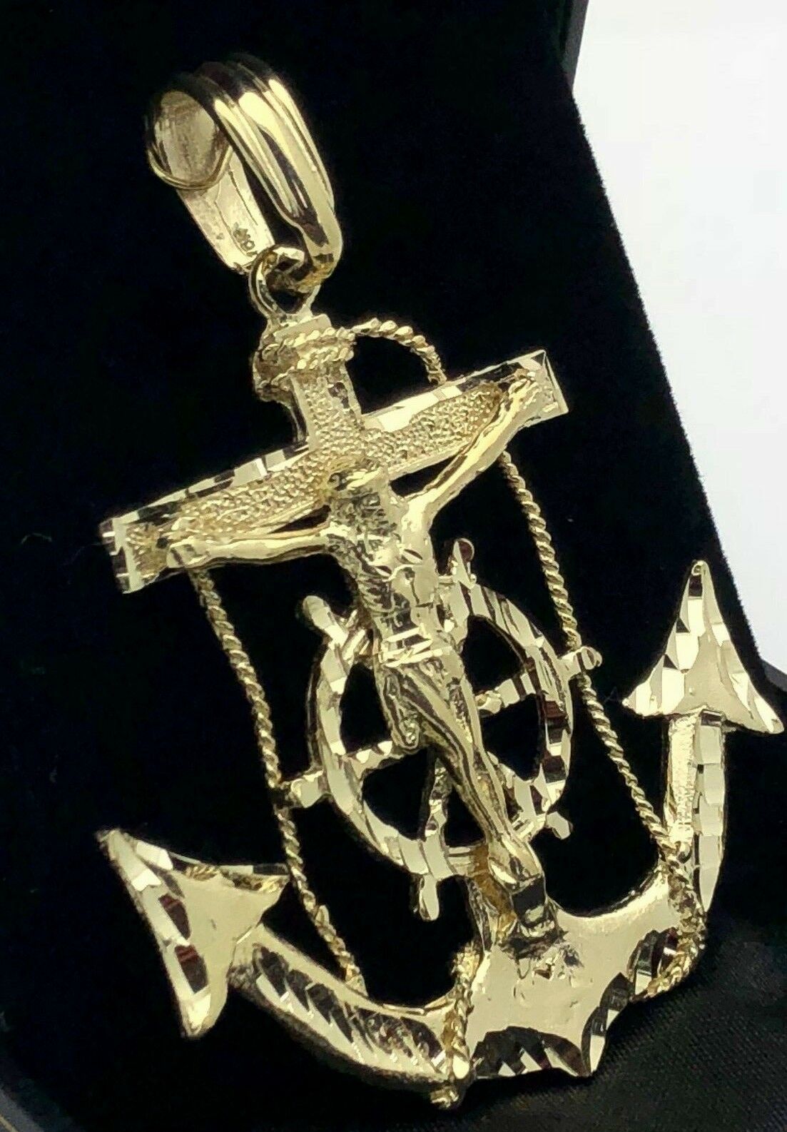 10k Yellow Gold Big Cross Jesus Crucifix Anchor Mariner Pendant 2.65" 18.6 grams