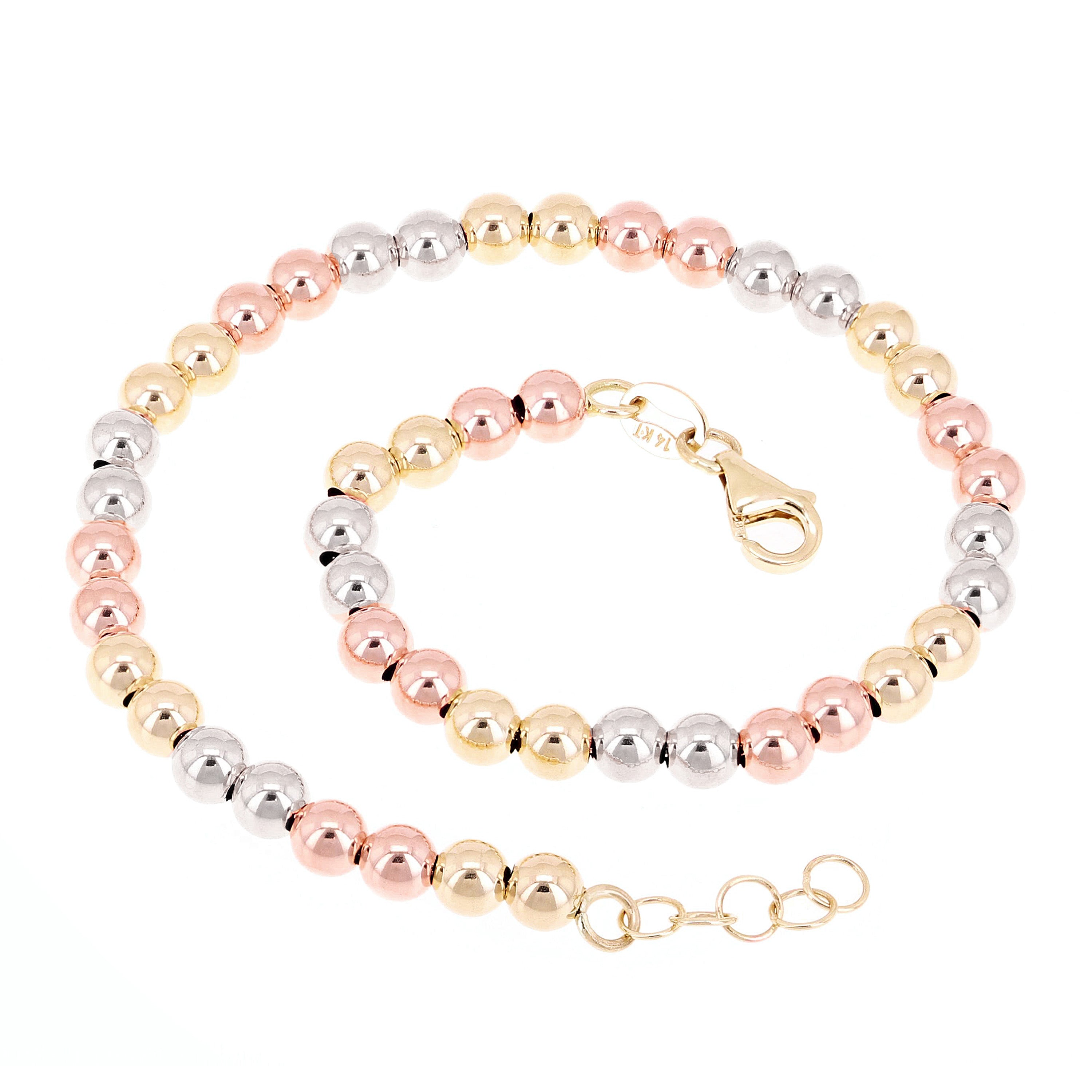 Italian 14k Tri Color Gold Hollow Ball Bead Bracelet 8" 4mm 3 grams - Tri-Color