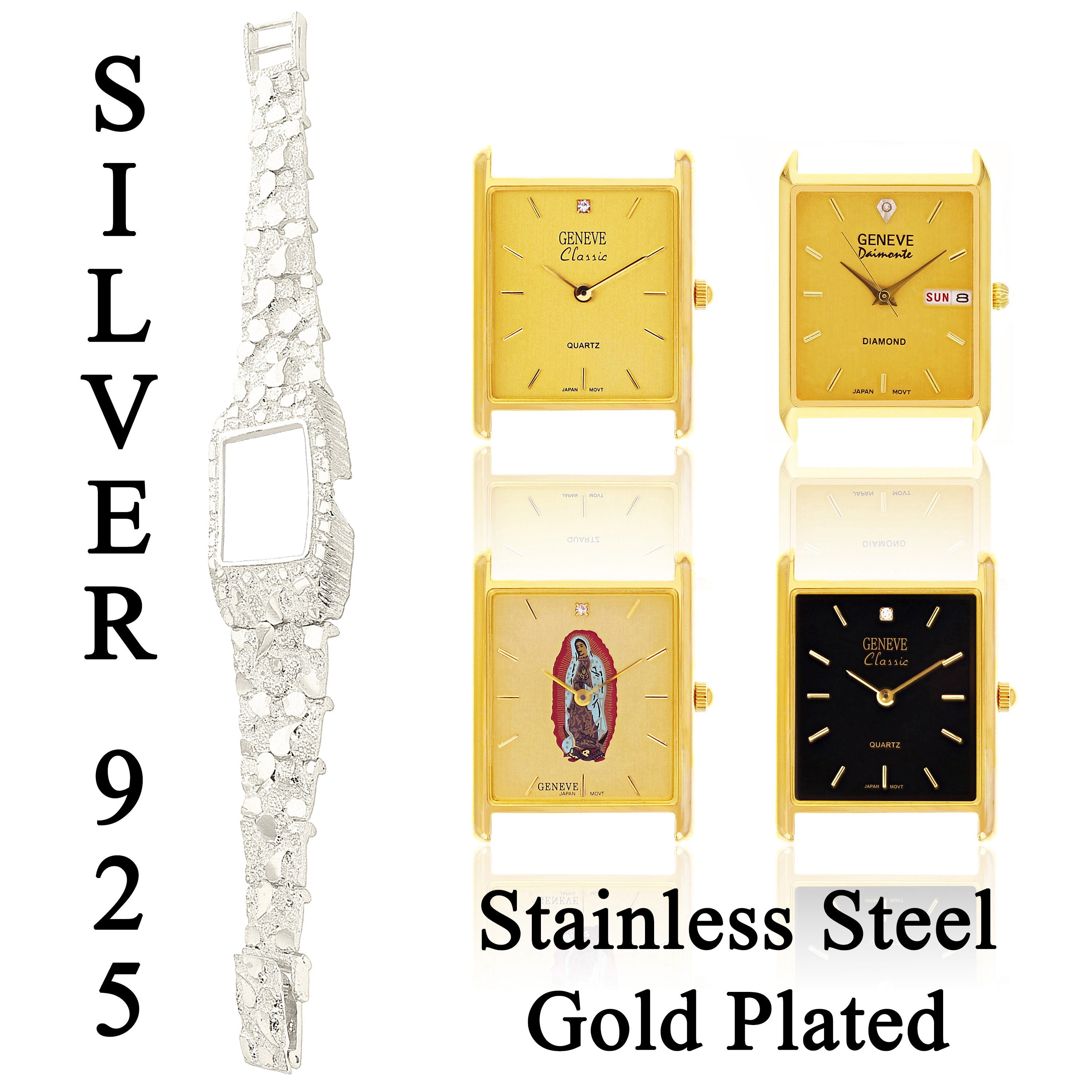 925 Sterling Silver Nugget Link Band Geneve Guadalupe Diamond Watch 7-7.5" 44 grams - 7" 44 grams