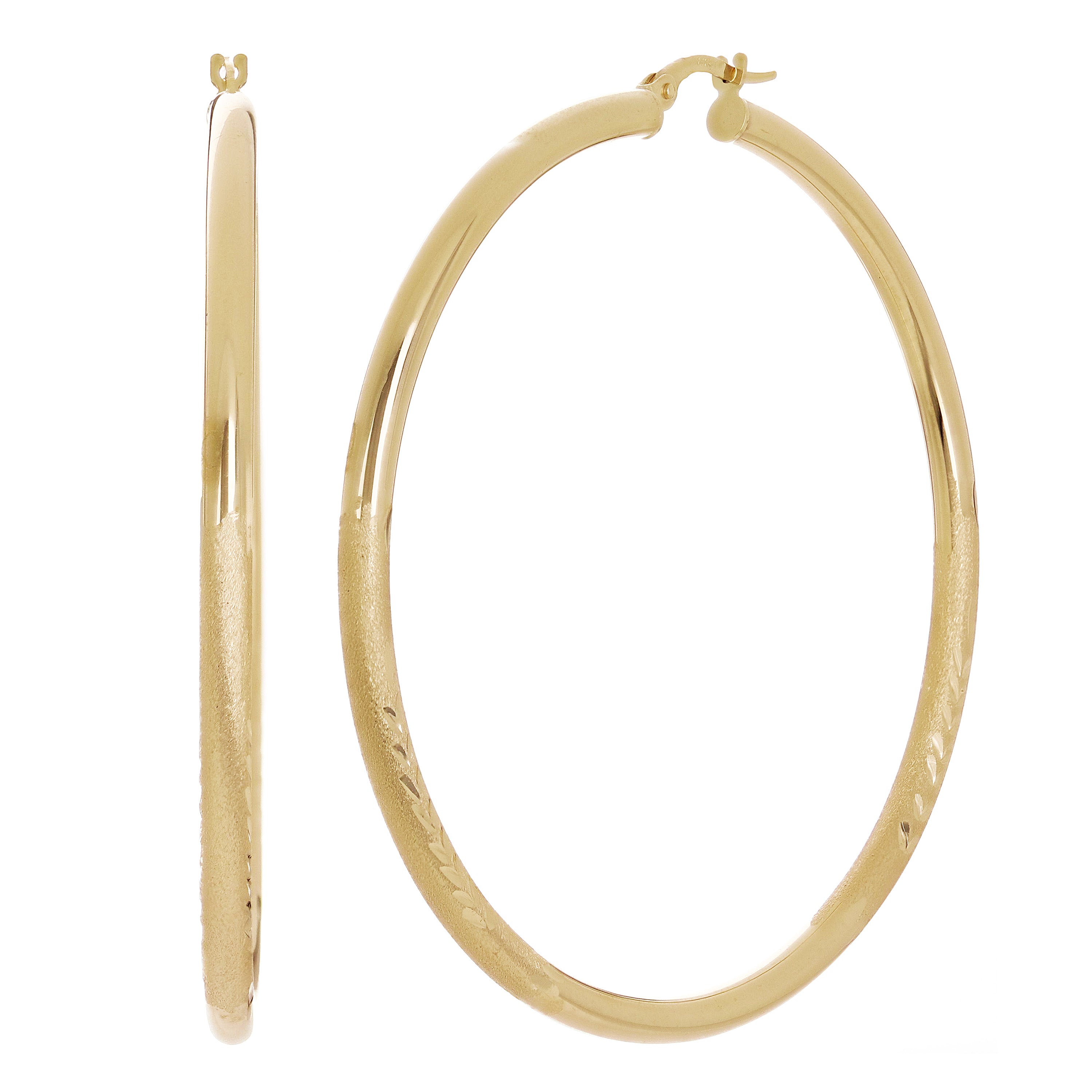 Italain 14k Yellow Gold Polished & Sand Finish Round Hoop Earrings 2.3" 3mm 4.6g
