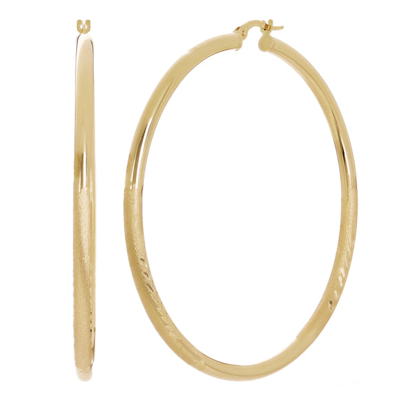 Italain 14k Yellow Gold Polished & Sand Finish Round Hoop Earrings 2.3