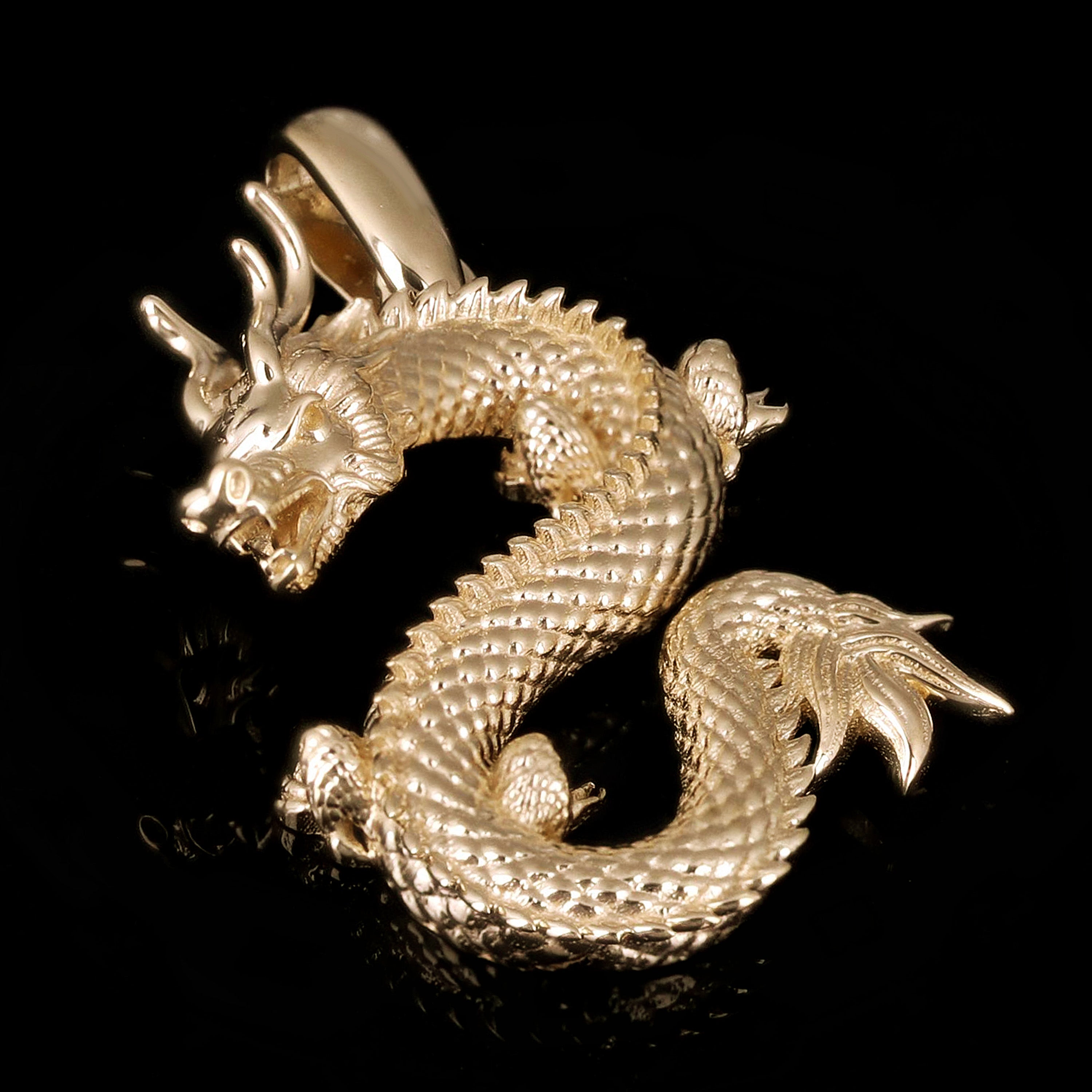 10k Yellow Gold Solid Detailed Good Luck 3D Dragon Charm Pendant 1.4" 6 grams
