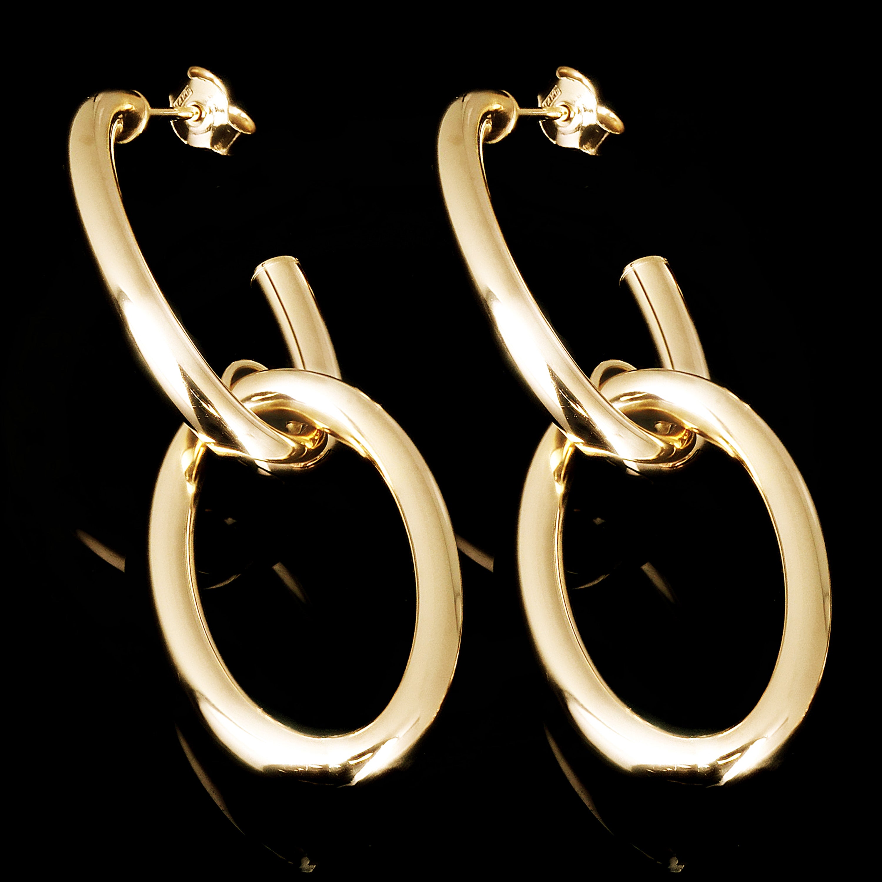 Italian 14kt Yellow Gold Hollow Double Oval Drop Earrings 1.8" 17mm 3.4 grams