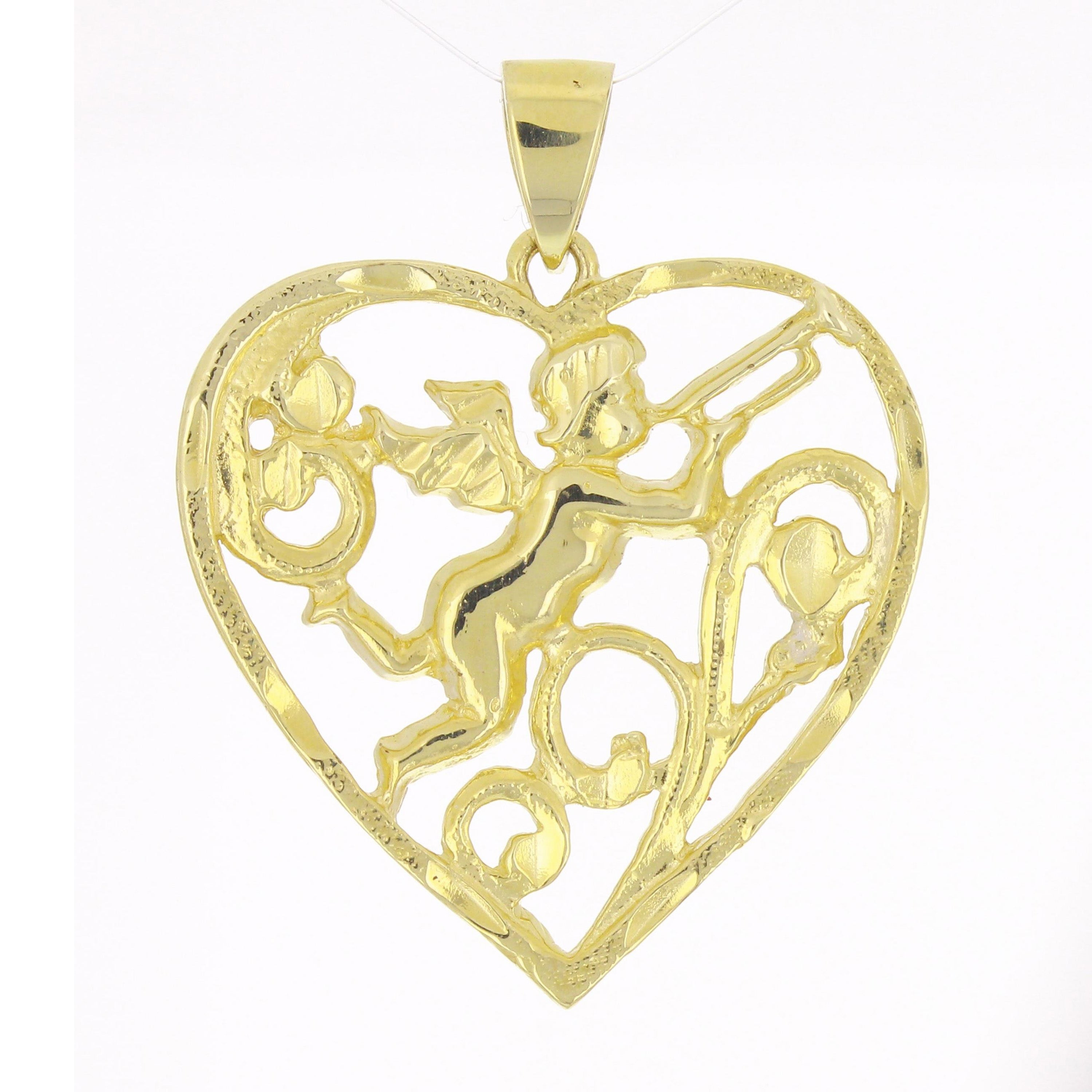 14k Yellow Gold Solid Angel Cherub Playing Horn Heart Charm Pendant 3.2 grams
