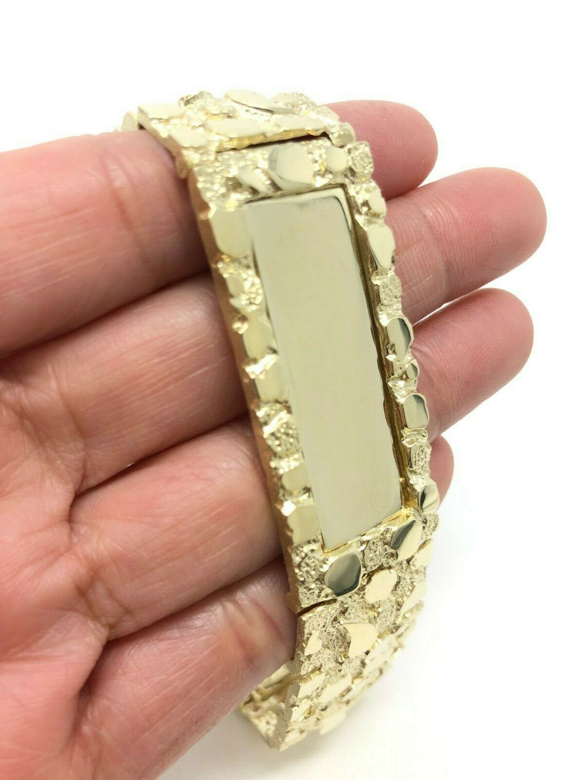 Men's 10k Yellow Gold Solid Nugget ID Bracelet Adjustable 8" 21mm 51.9 grams