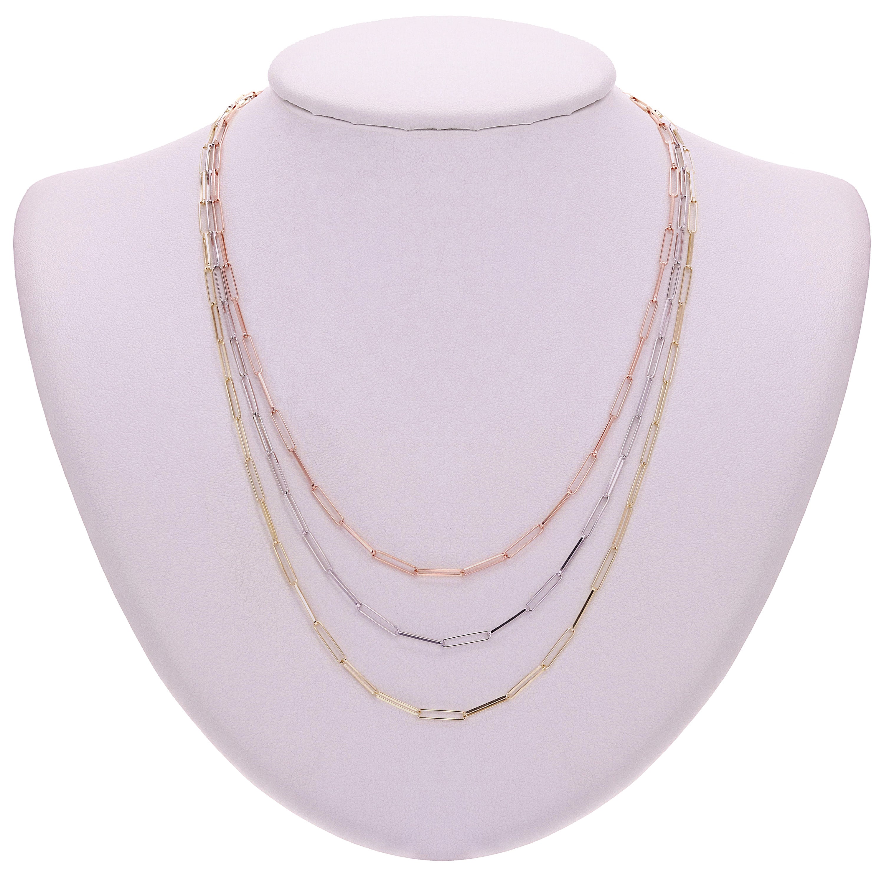 Italian 14k Tri-Color Gold Multiple Layer Paper Clip Link Chain Necklace 18" 11.5 grams