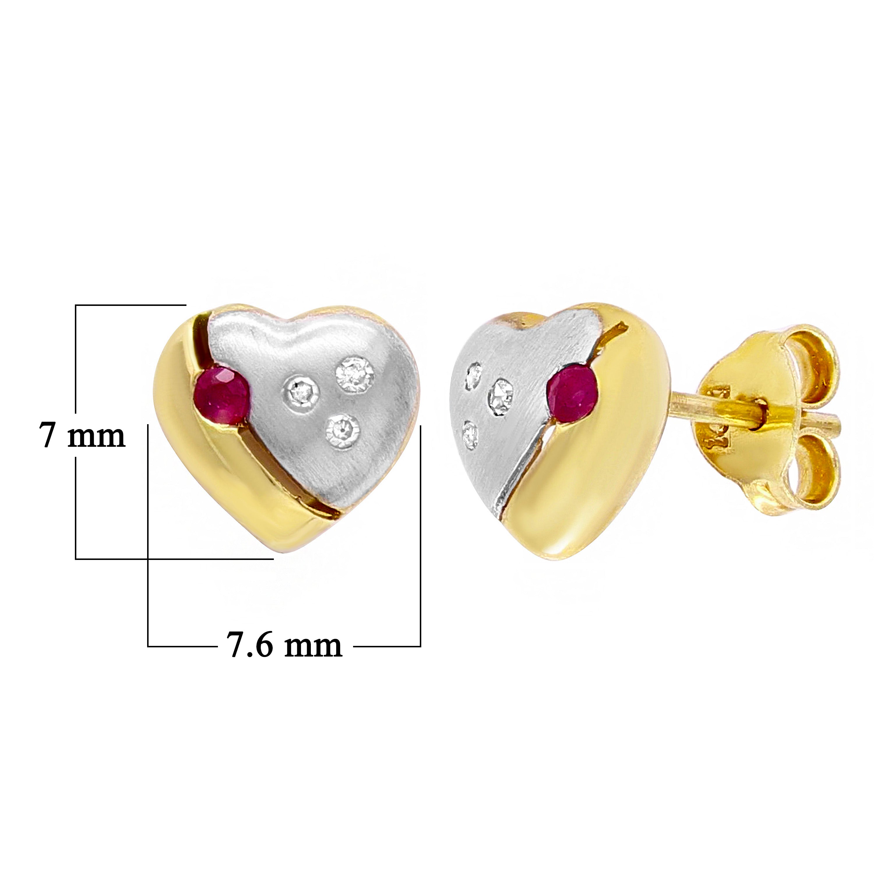 10k Two Tone Gold Ruby & Diamond Puffy Heart Stud Earrings