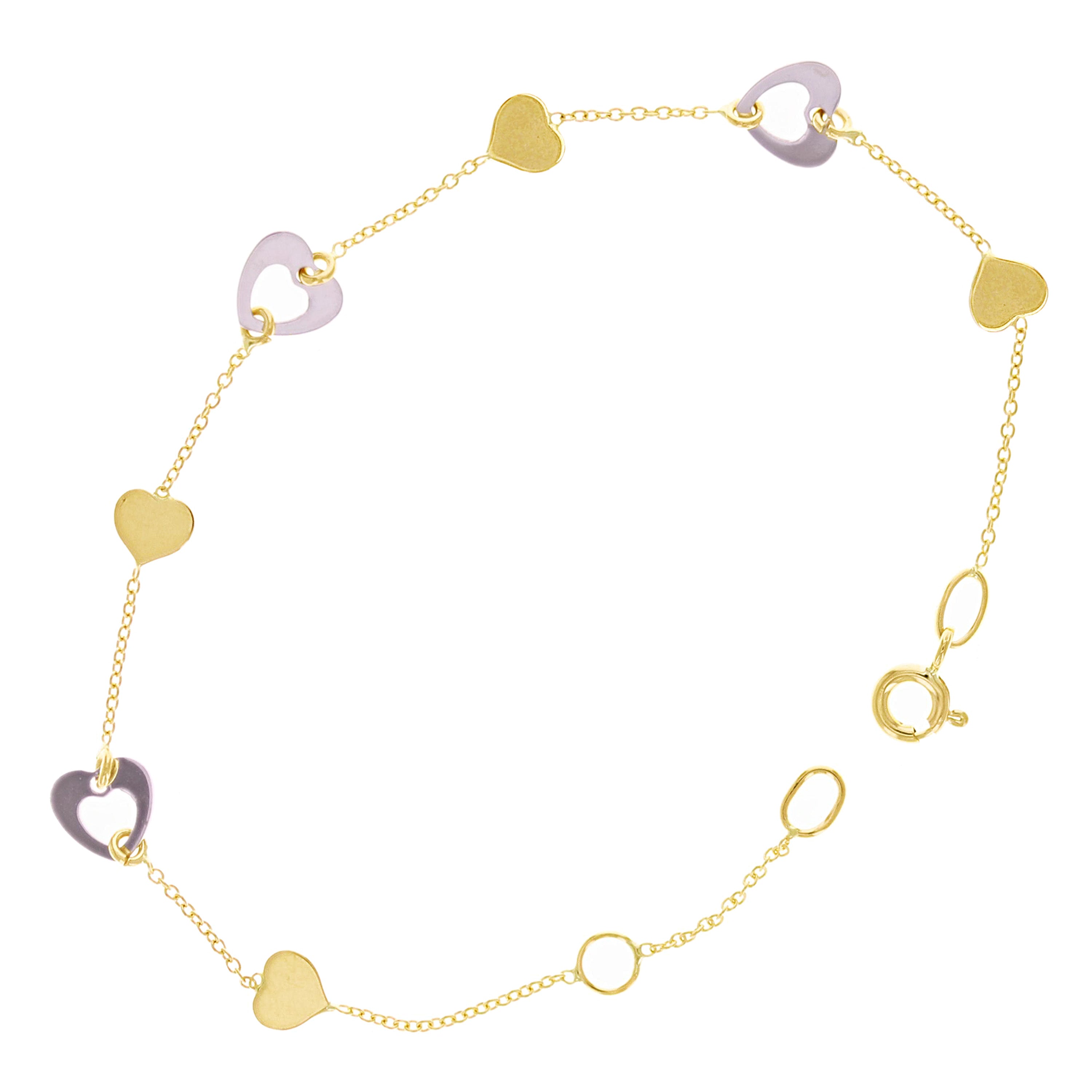 Italian 14k Two-Tone Gold Heart Charm Bracelet 7" 1.9 grams
