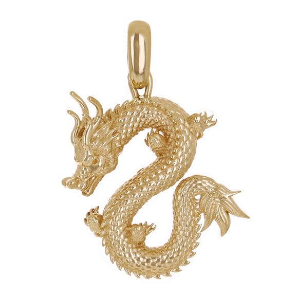 14k Yellow Gold Solid Detailed Good Luck 3D Dragon Charm Pendant 1.4