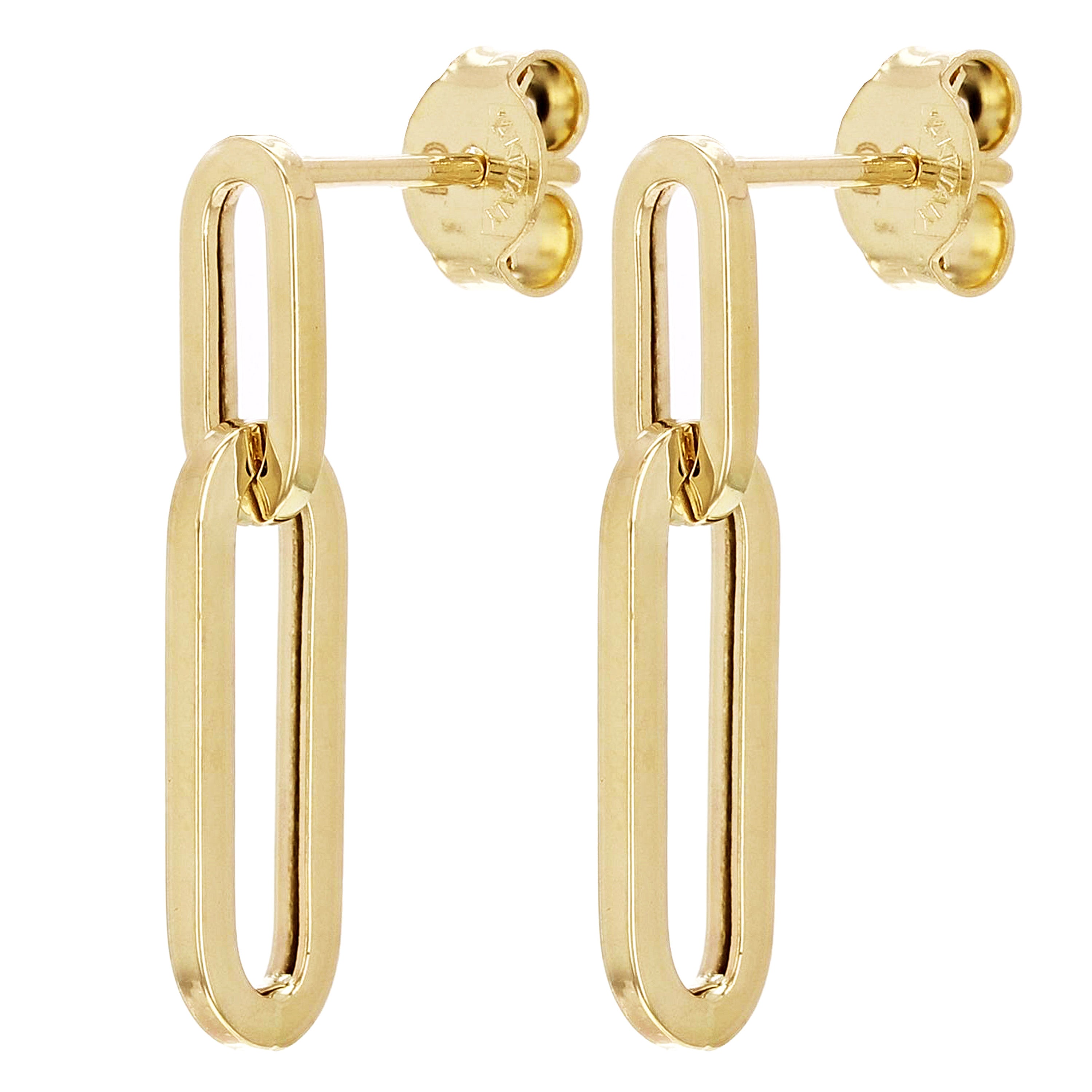 Italian 14k Yellow Gold Paper Clip Dangle Earrings 22.7mm x 5.2mm 1.4 grams