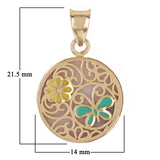 Italian 14k Yellow Gold Flowers & Butterfly Enamel Round Charm Pendant 1.3 grams
