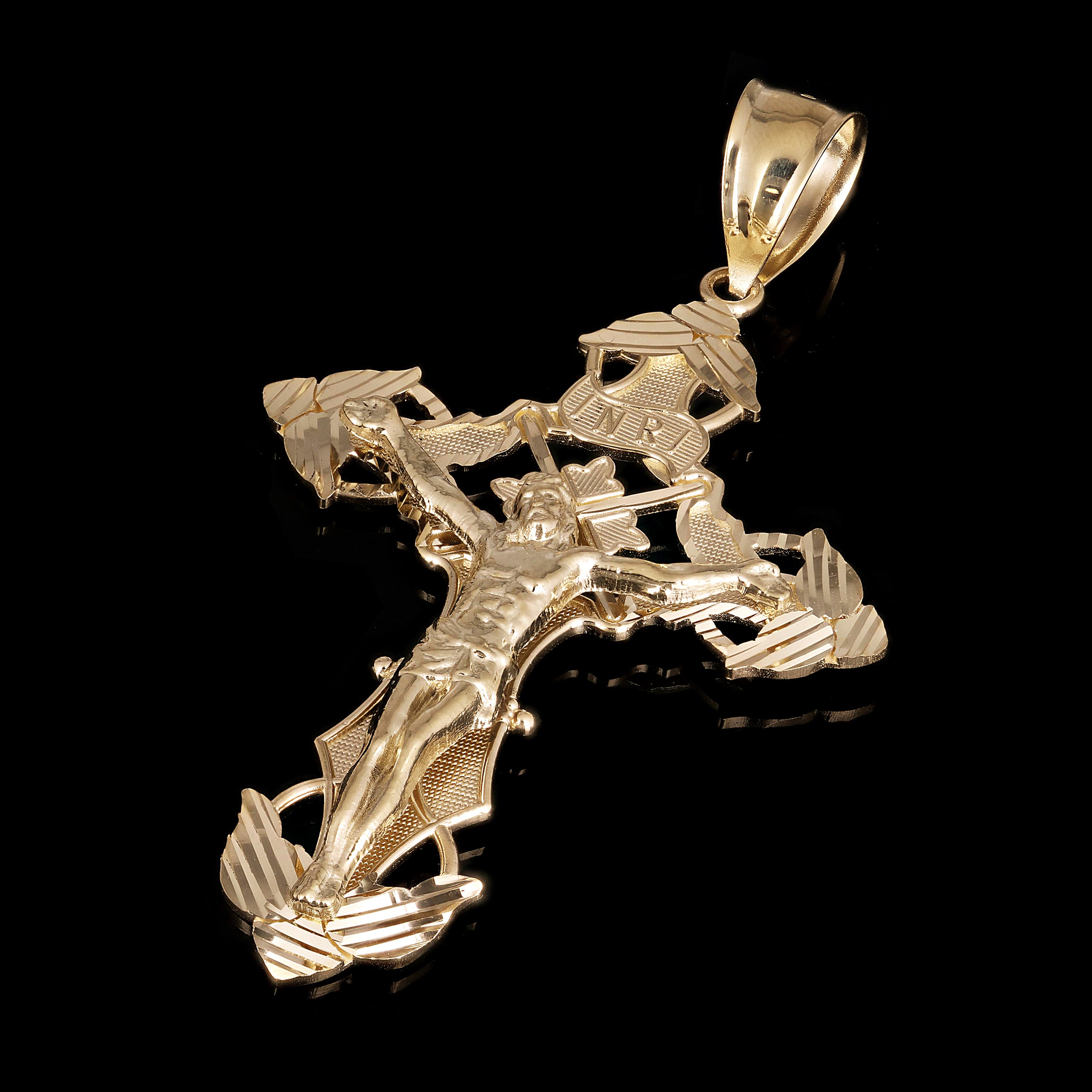 14k Yellow Gold INRI Christ Passion Cross Crucifix Pendant 3" 11 grams