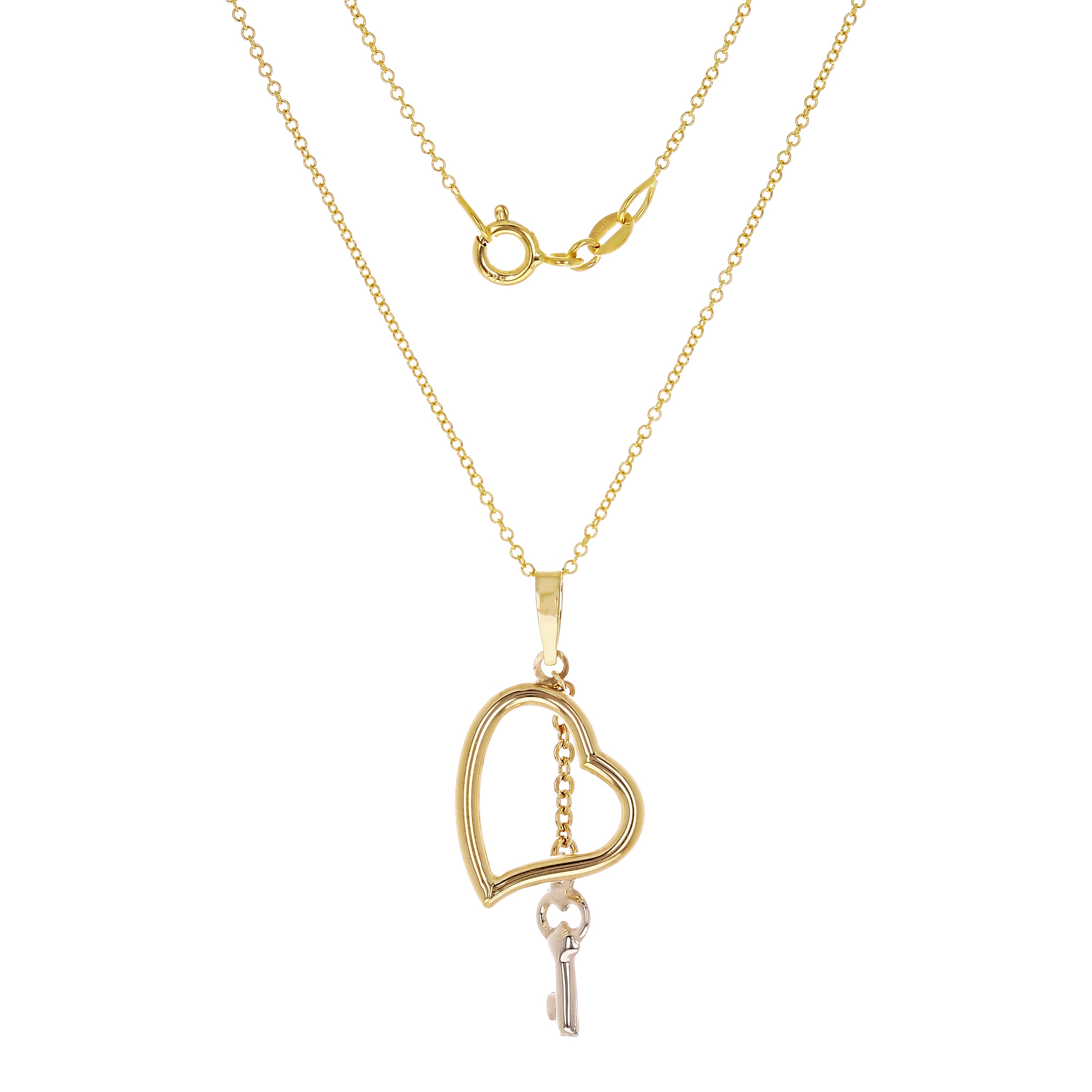 14k Yellow & White Gold Heart & Key Charm Rolo Necklace 18" 2.2 grams