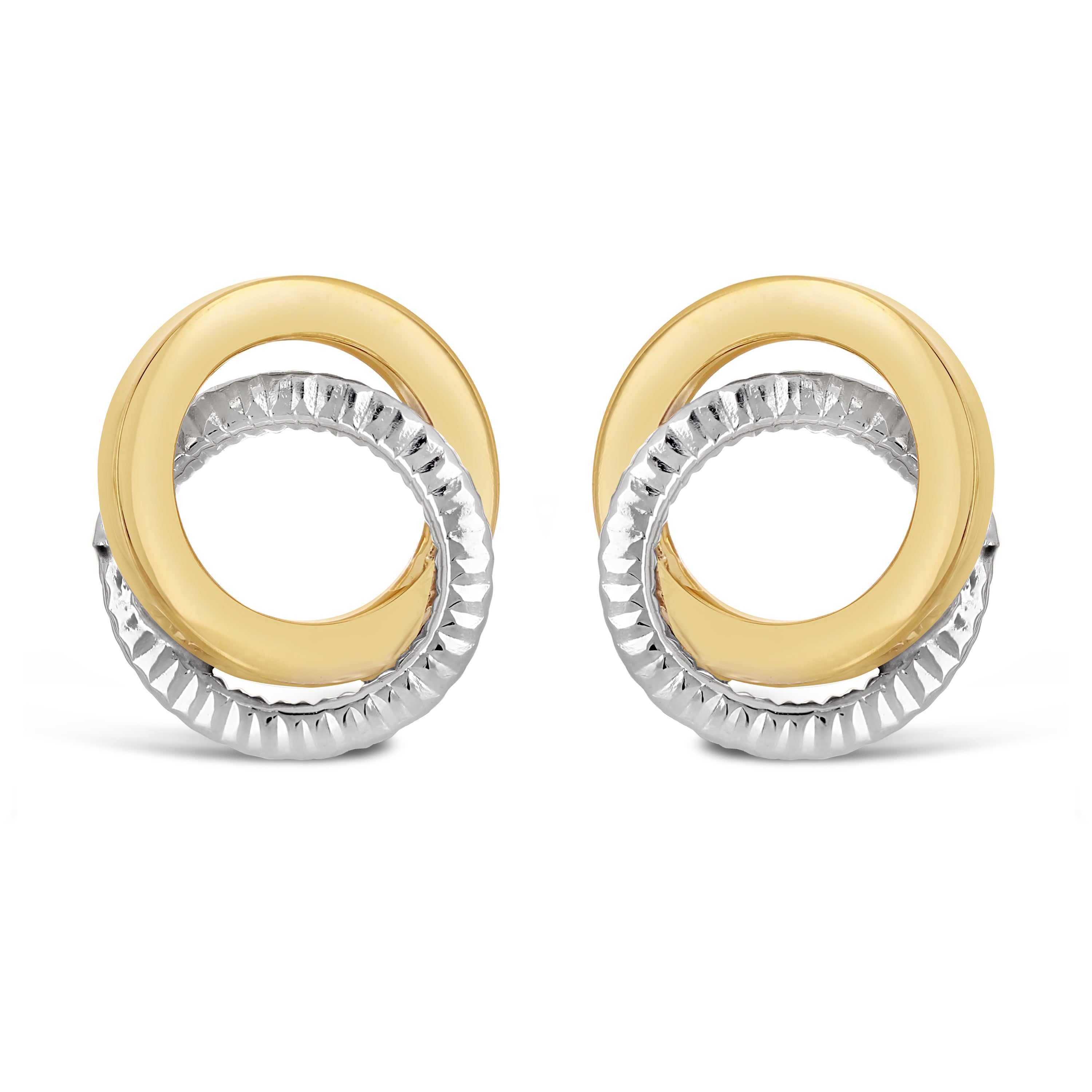 Italian 14k Yellow & White Gold Double Eternity Circle Love Knot Stud Earrings - Double Circle