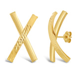 Italian 14k Yellow Gold Diamond Cut Large X-Shape Hugs Love Bar Stud Earrings - Large