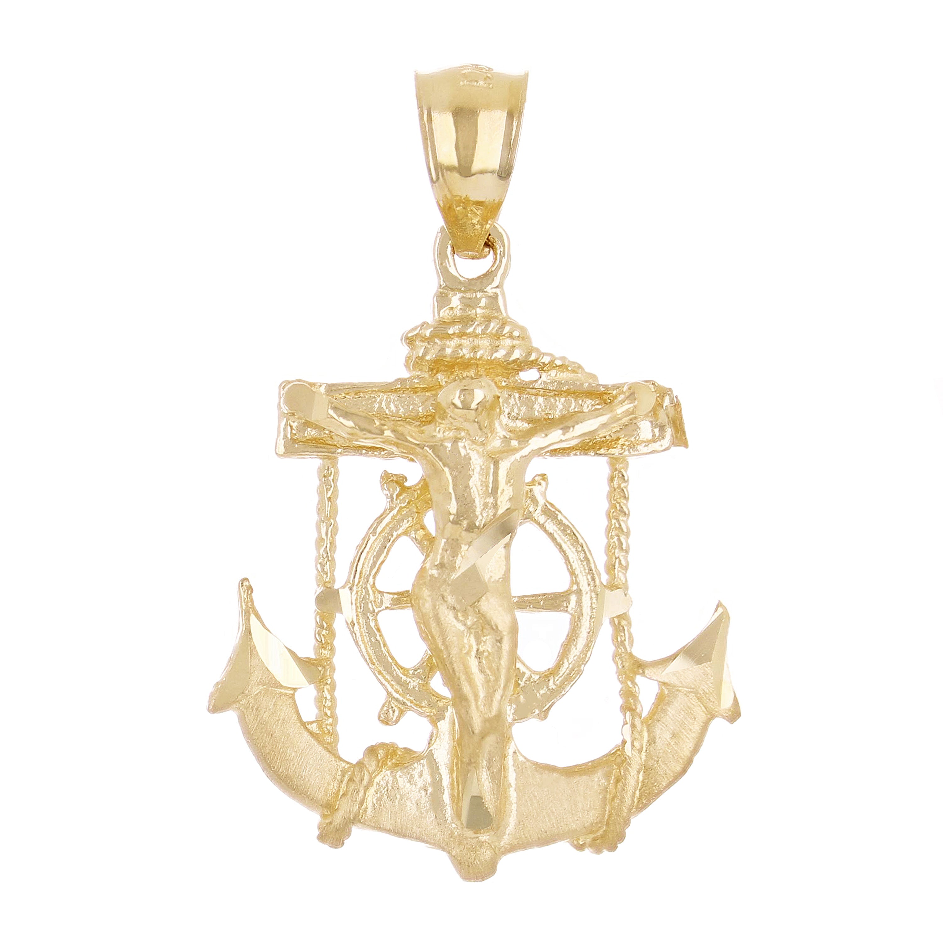 14k Yellow Gold Jesus Christ  Cross Anchor Ship Mariners Pendant 1" 2.4 grams