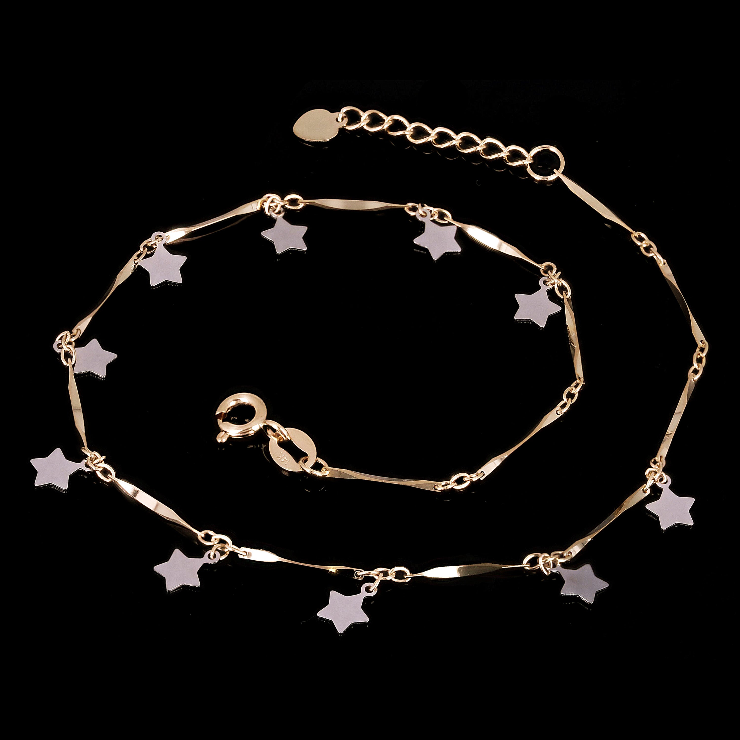 Italian 14k Two Tone Gold Heart & Star Charm Anklet Bracelet 10" 2.1 grams