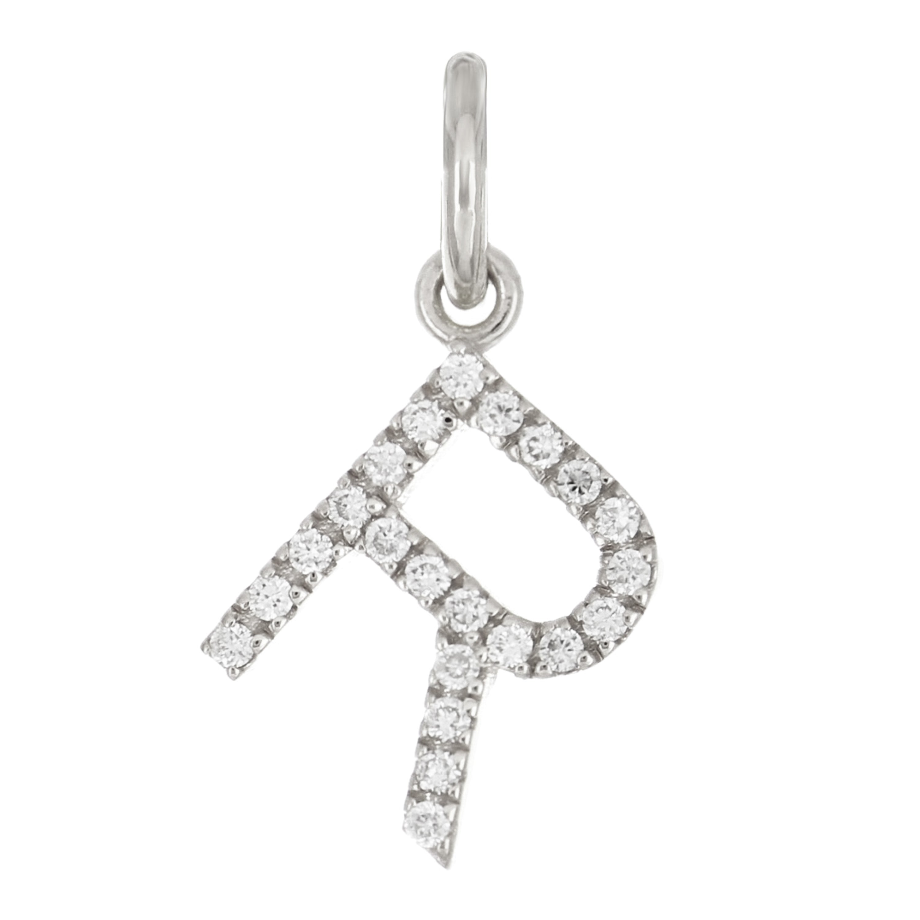 14k White Gold Diamond Initial Letter R Charm Pendant - Letter R,White