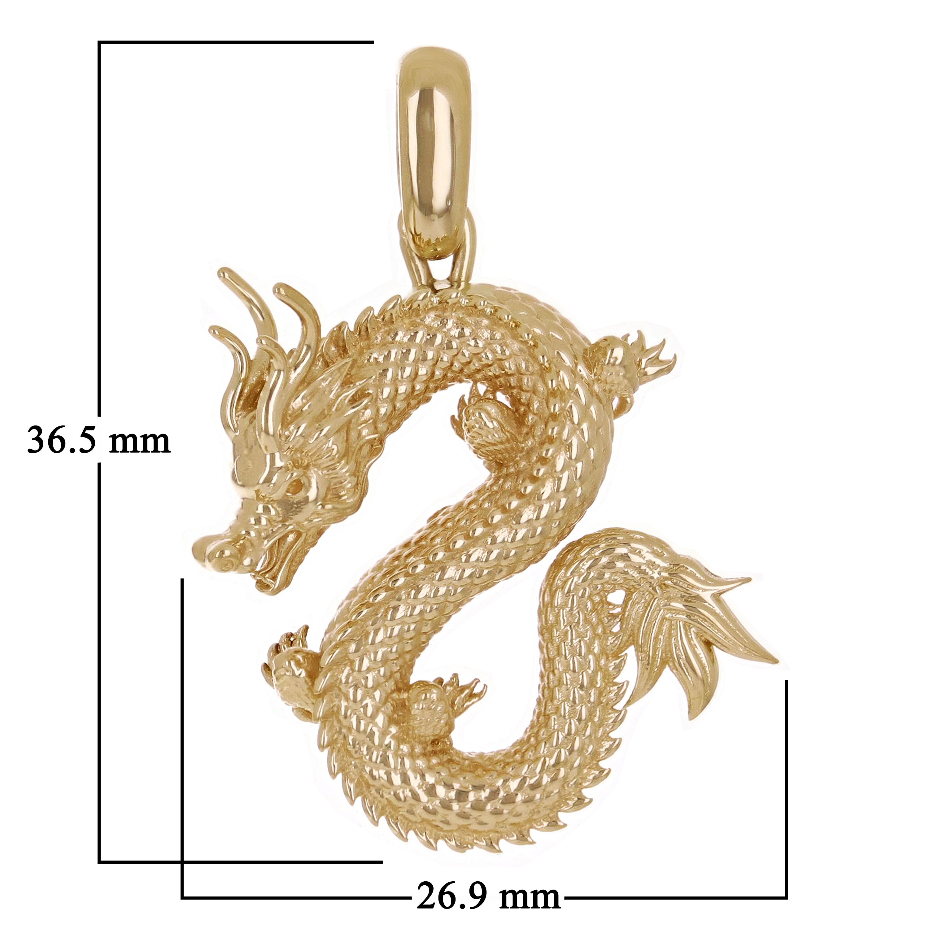 18k Yellow Gold Solid Detailed Good Luck 3D Dragon Charm Pendant 1.4" 8 grams