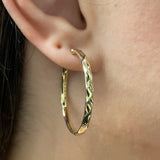 Italian 14k Yellow Gold Diagonal Rope Design Large Hollow Hoop Earrings 1.4"