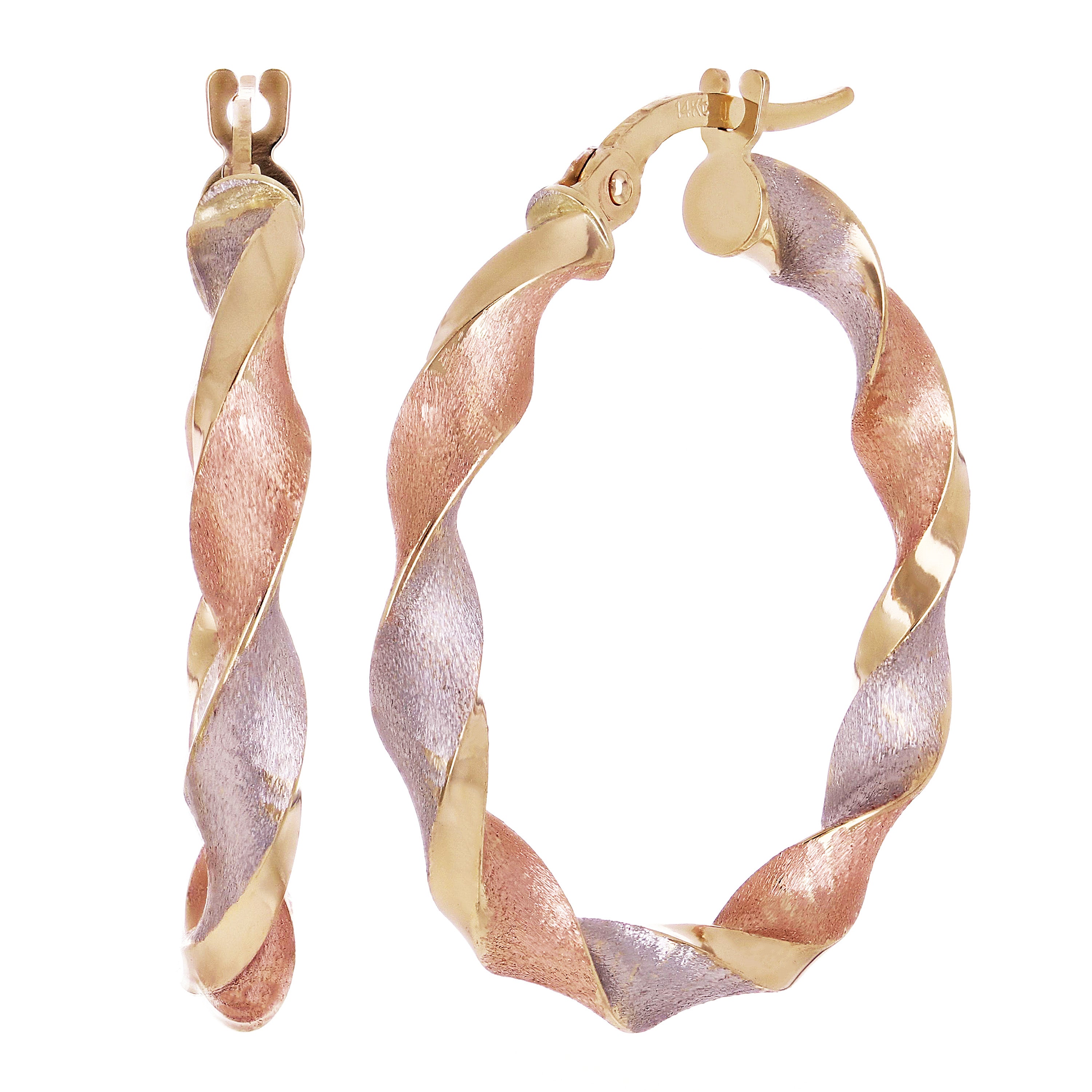Italian 14k Tri-Color Gold Satin Twisted Hoop Earrings 1.1" 3.5mm 2.3 grams