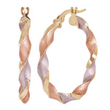 Italian 14k Tri-Color Gold Satin Twisted Hoop Earrings 1.1" 3.5mm 2.3 grams