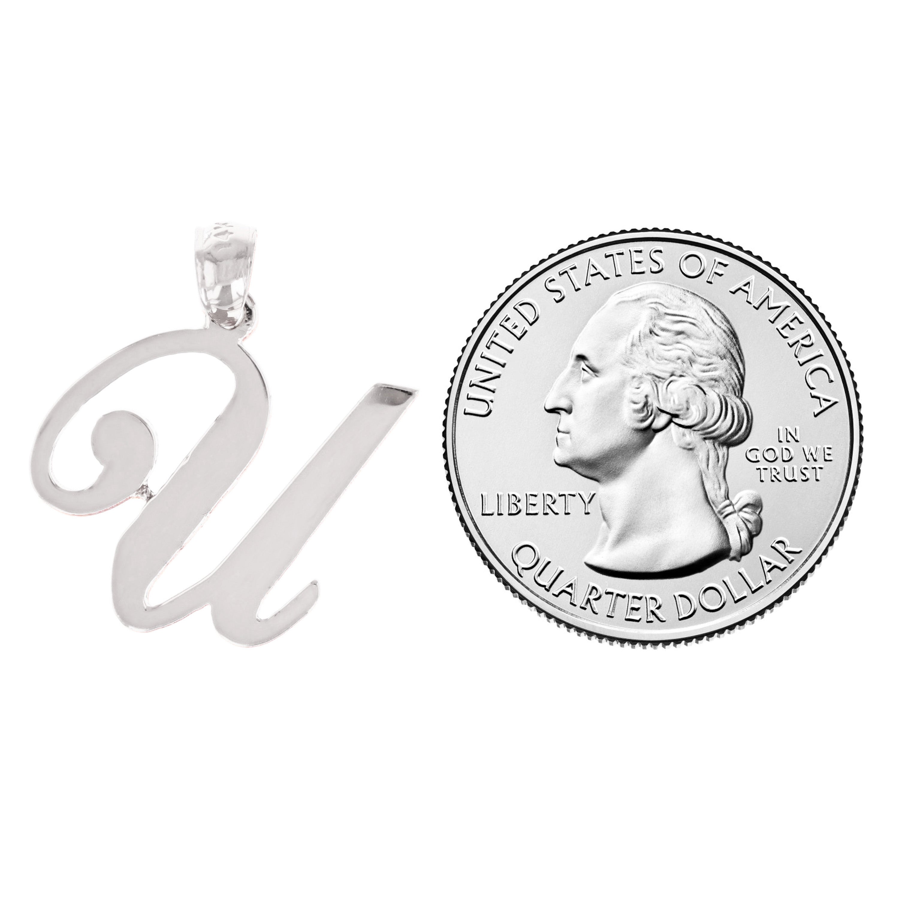 14k White Gold Initial Letter U Alphabet Charm Pendant - Letter U,White