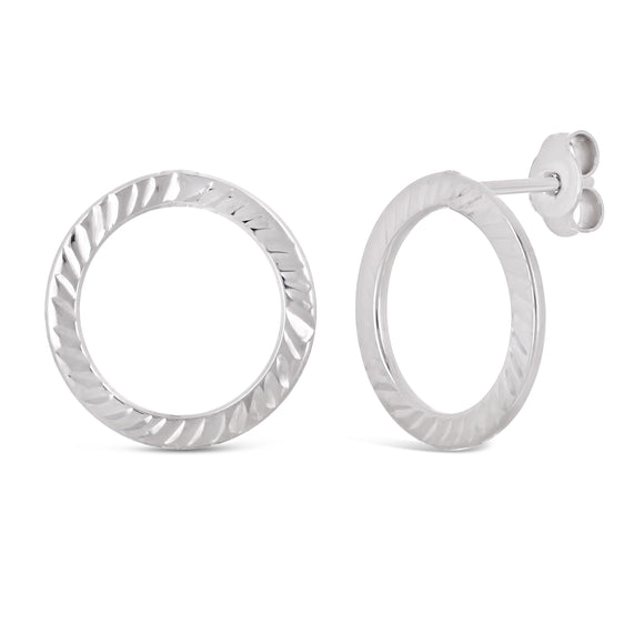 Italian 14k White Gold Diamond-Cut Open Eternity Circle Hoop Drop Stud Earrings - White