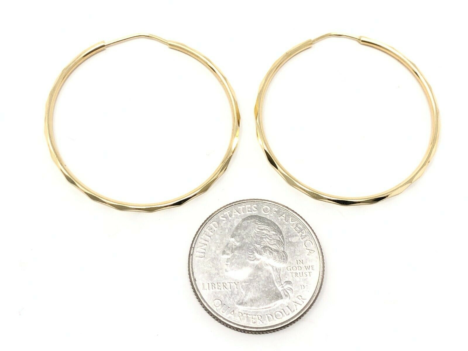 14k Yellow Gold Diamond Cut Round Endless Hoop Earrings 1.3" 1.6mm 2.5 grams