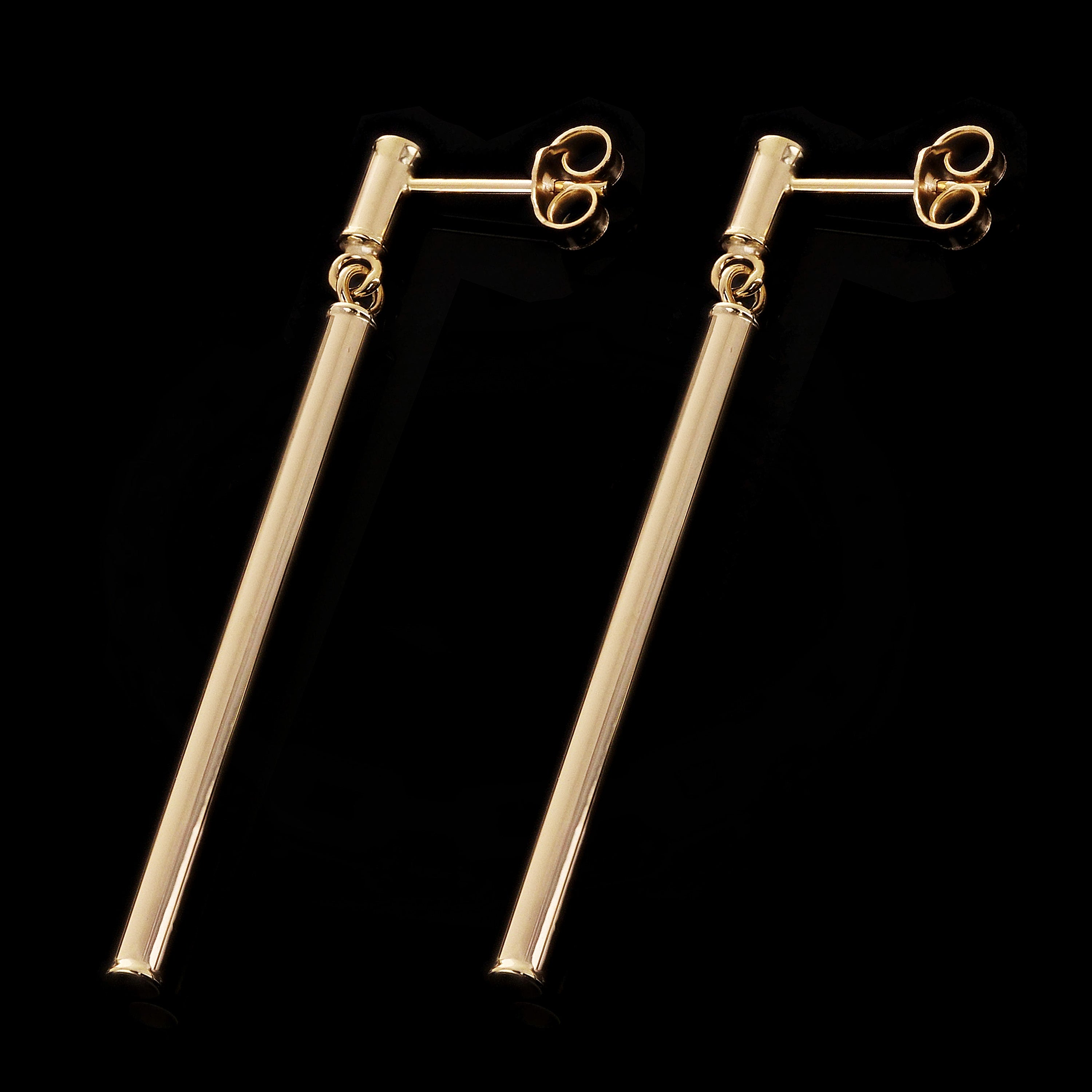 Italian 14k Yellow Gold Tube Vertical Bar Dangle Drop Earrings 1.8" 2mm 1.4grams