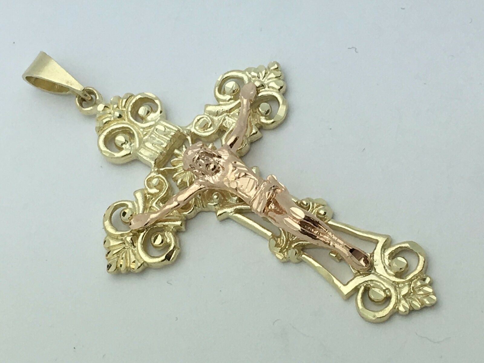 10k Two Tone Gold Jesus Christ INRI Filigree Crucifix CROSS Pendant 2.6" 9.9g