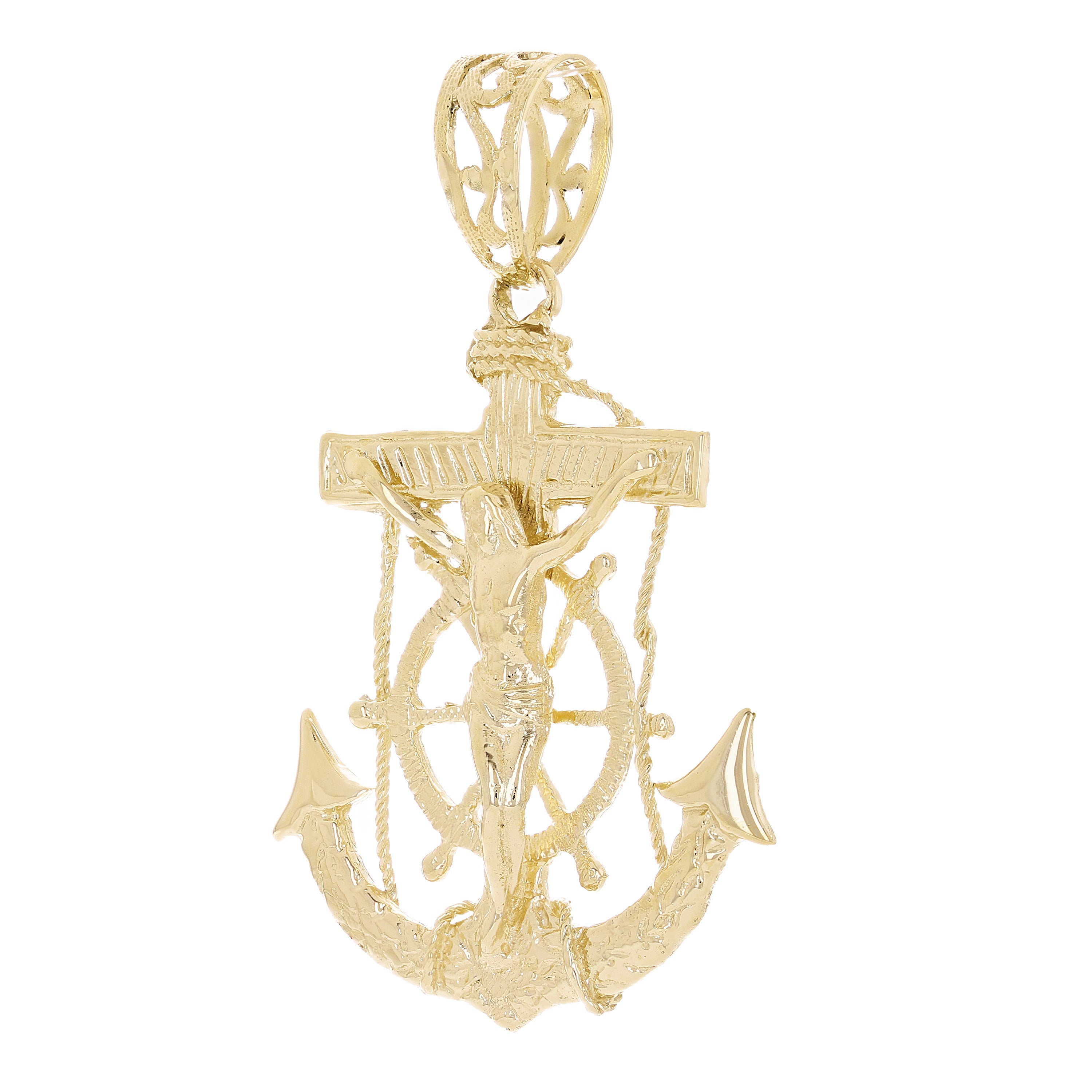 10k Yellow Gold Solid Big Anchor Mariner Cross Jesus Crucifix Pendant 2.6" 15.5g
