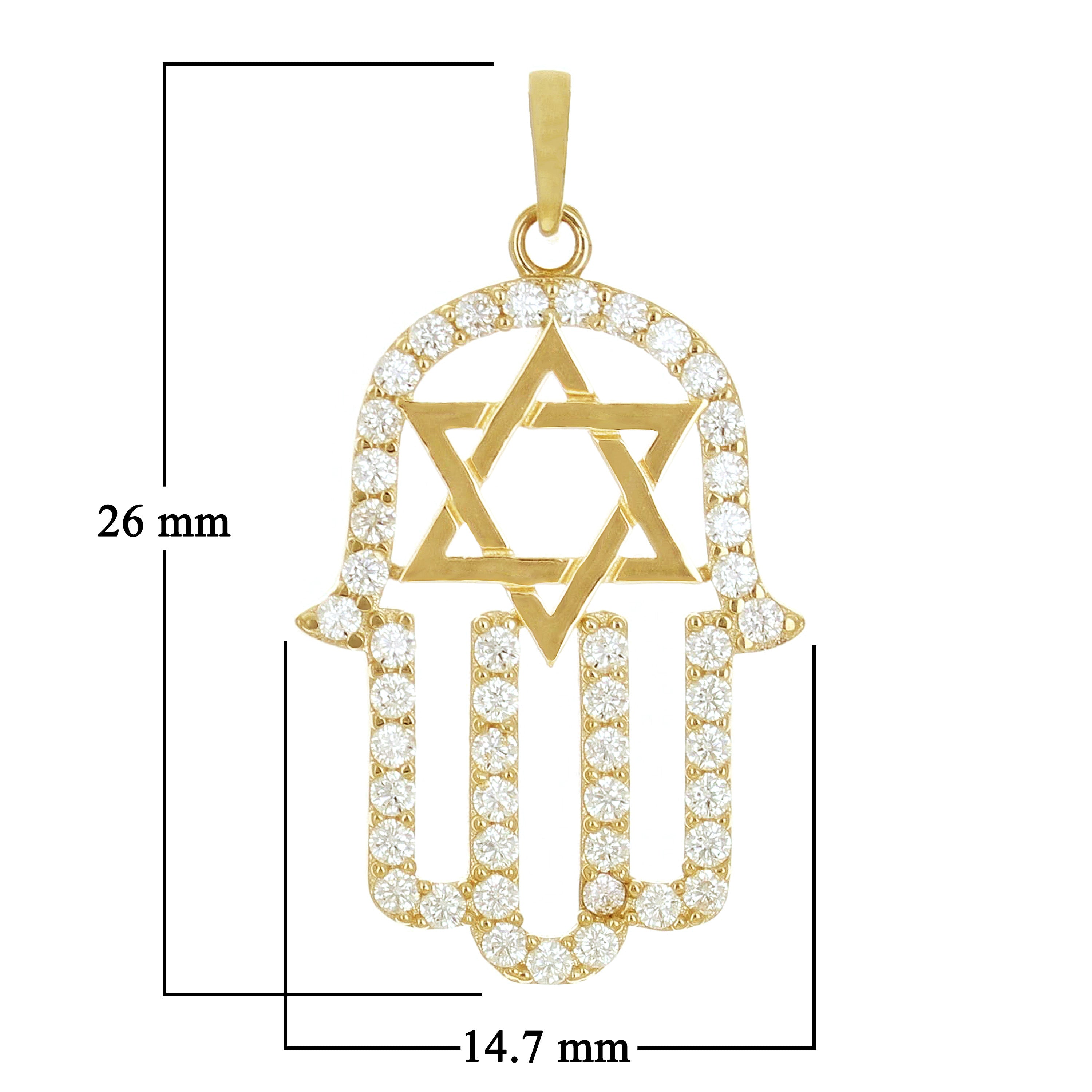 Italian 14k Yellow Gold Star of David Hamsa Charm Pendant with Cubic Zirconia 1"