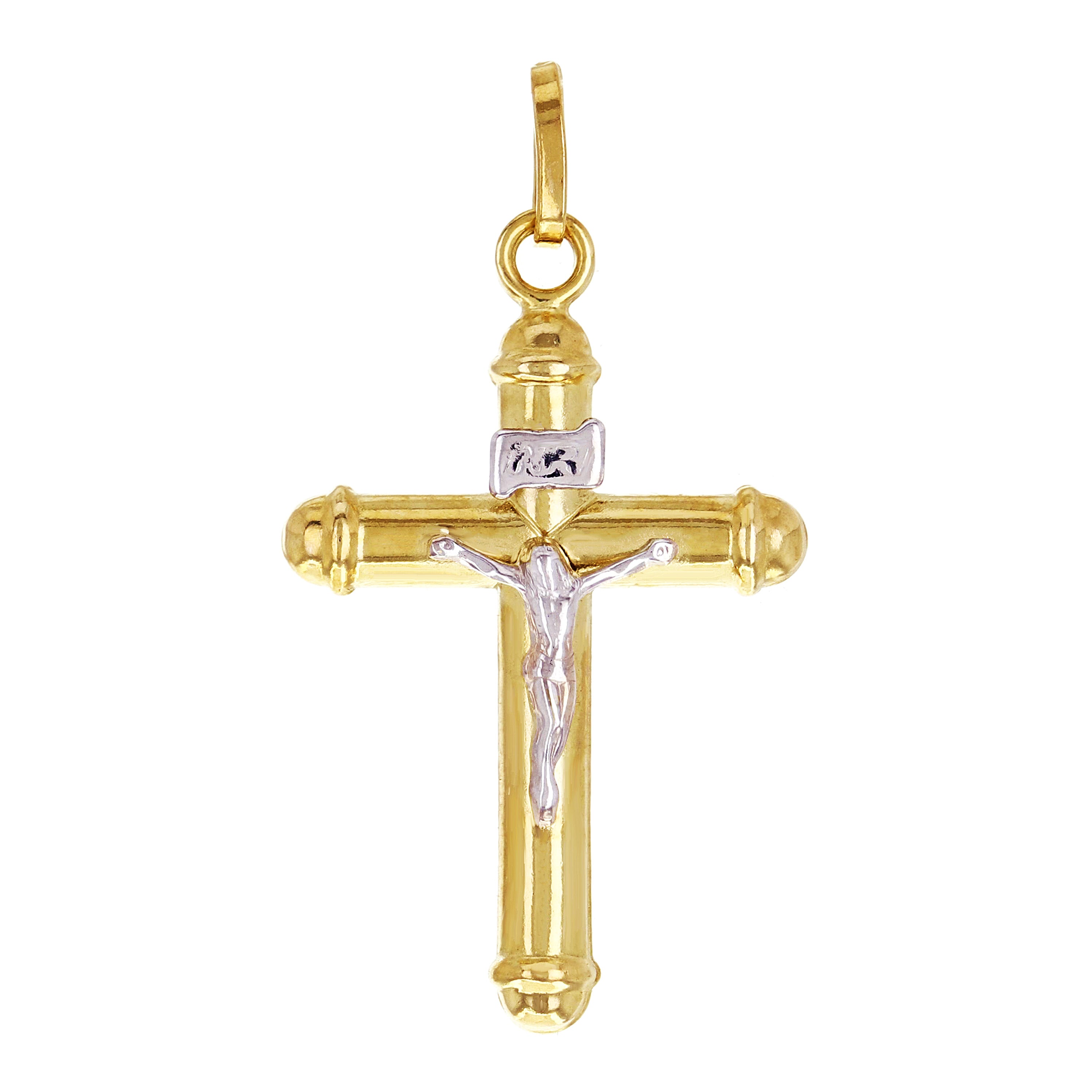 14k Two-Tone Gold Hollow INRI Crucifix Cross Charm Pendant 1.4" 1.6 grams