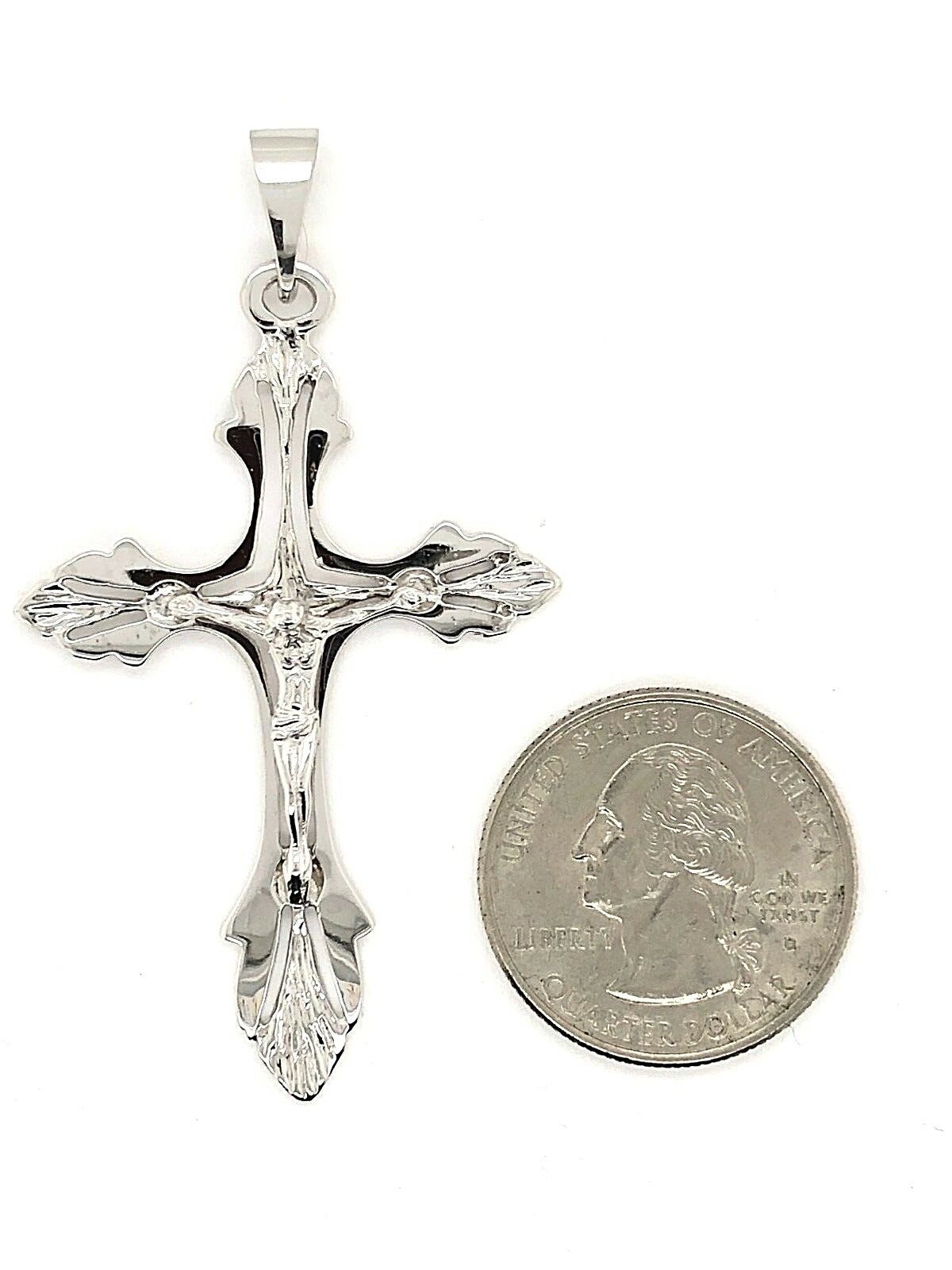 10k White Gold Solid Religious Jesus Crucifix Cross Charm Pendant 2" 4.8 grams