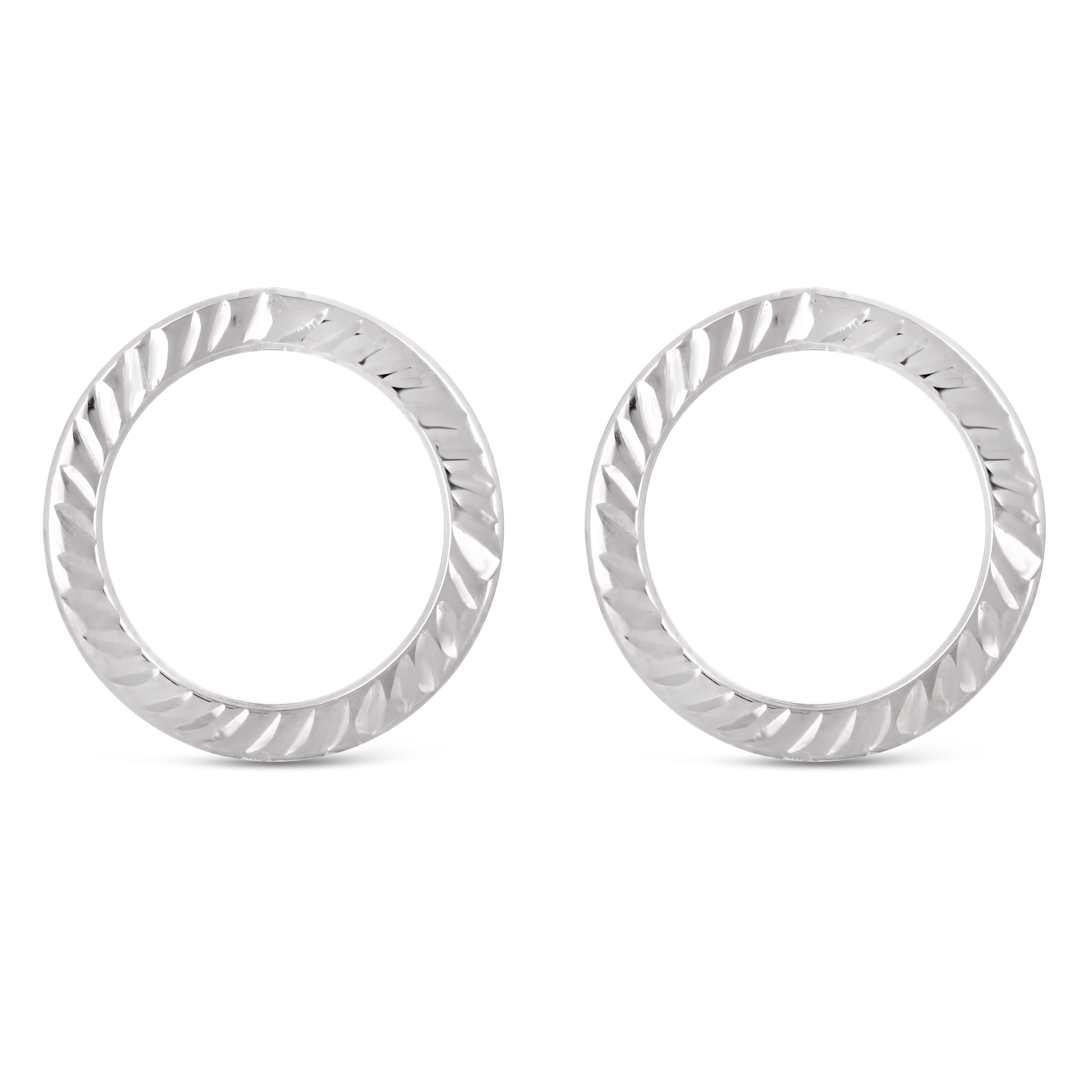 Italian 14k White Gold Diamond-Cut Open Eternity Circle Hoop Drop Stud Earrings - White