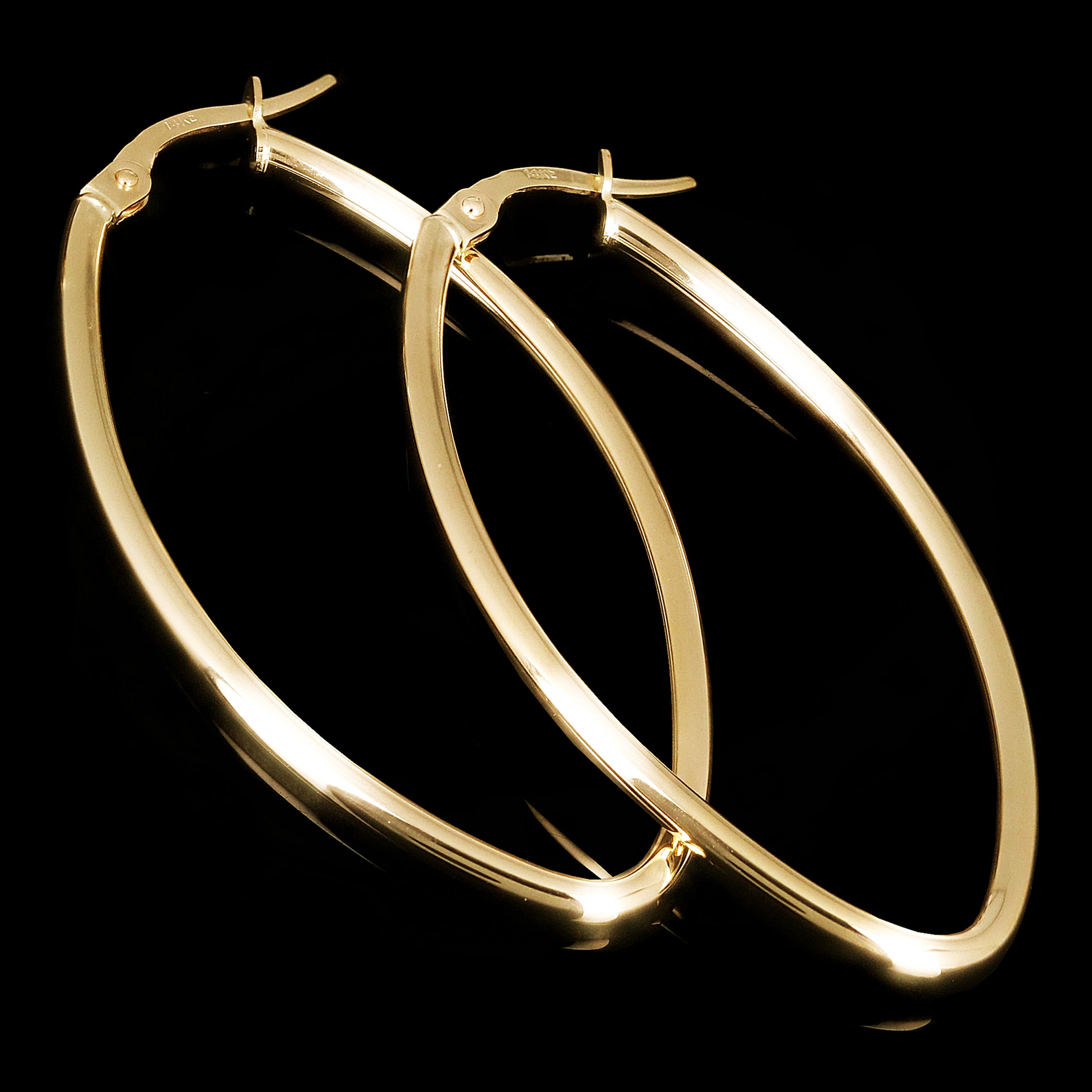 Italian 14k Yellow Gold Polished Oval Dangle Hoop Earrings 1.8" 2mm 1.8 grams