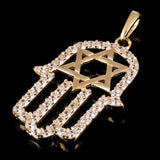 Italian 14k Yellow Gold Star of David Hamsa Charm Pendant with Cubic Zirconia 1"
