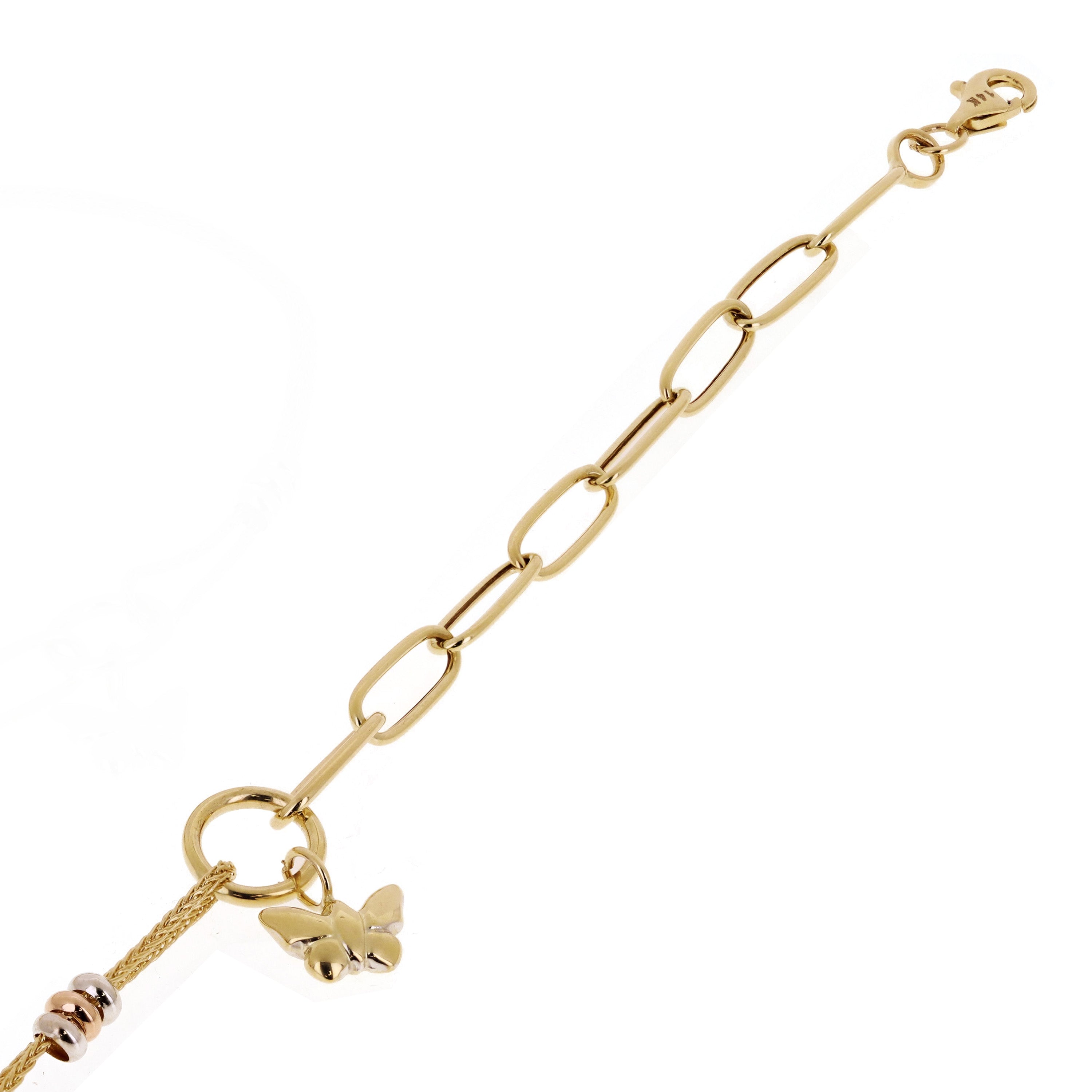 Italian 14k Tri-Color Gold Butterfly Charm Bracelet 7.5" 3 grams