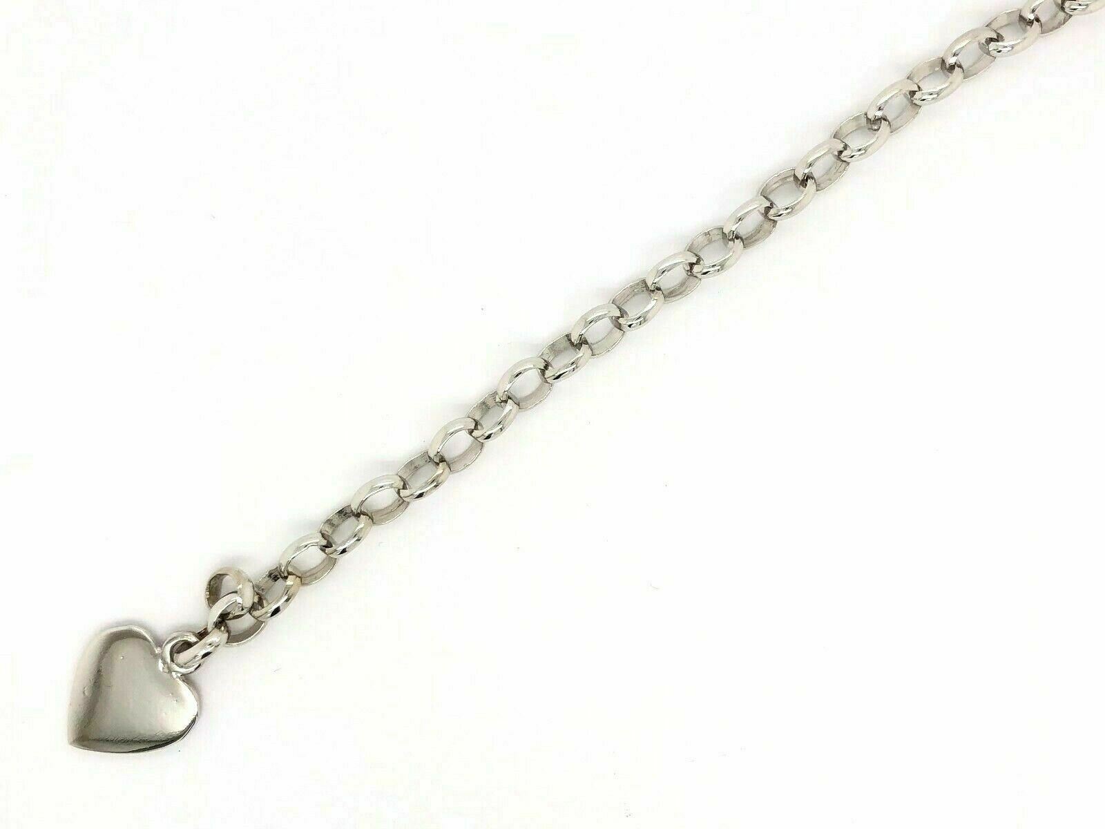 14k White Gold Oval Rolo Link Heart Charm Bracelet 8.5" 19 grams