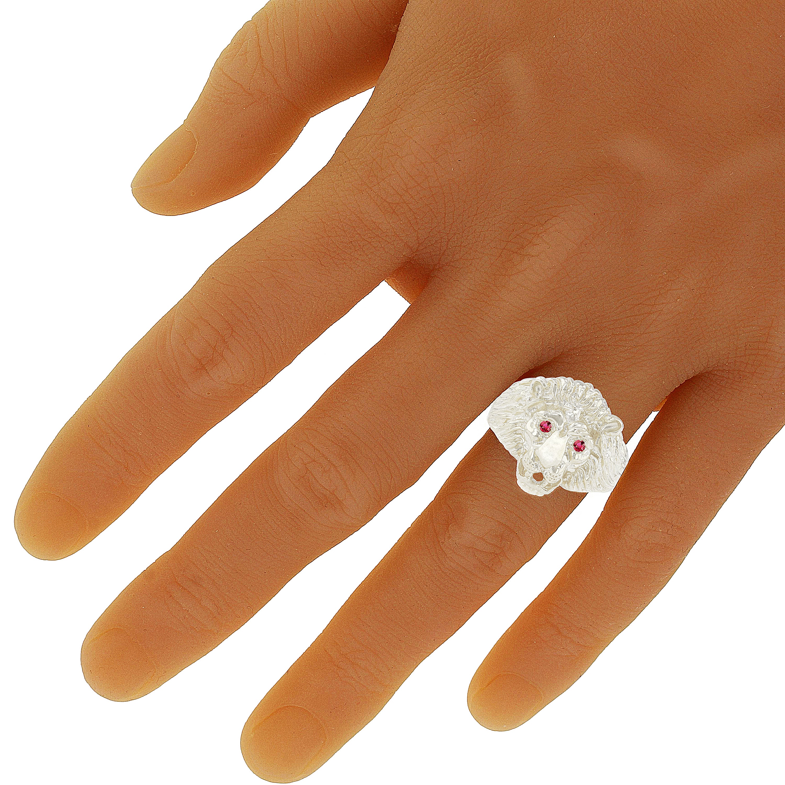 Men's 14k White Gold Lion Head w/ Ruby Eyes Ring Size 7 - Ring Size 7