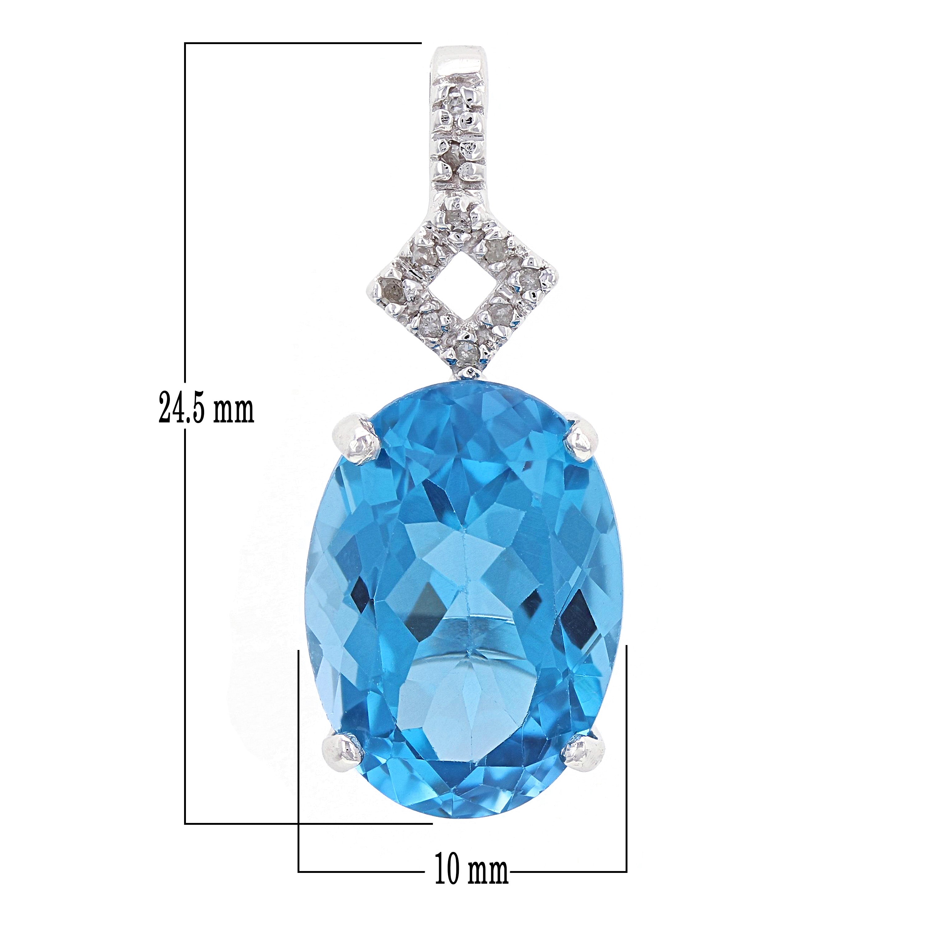 14k White Gold Oval Blue Topaz & Diamond Geometric Drop Pendant