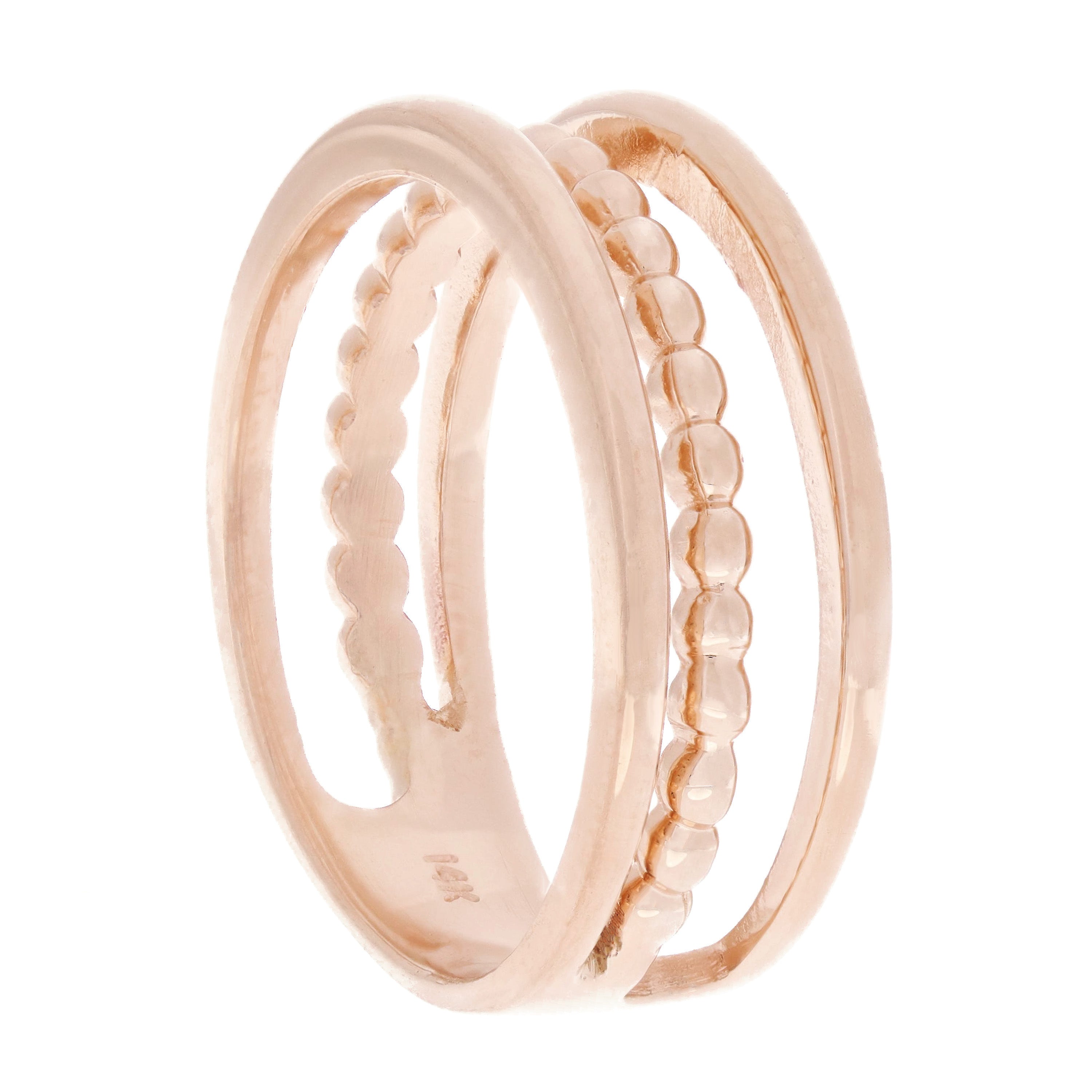 14k Rose Gold High Polished Open Triple Row Beaded Band Size 6.5 - Rose,Ring Size 6.5