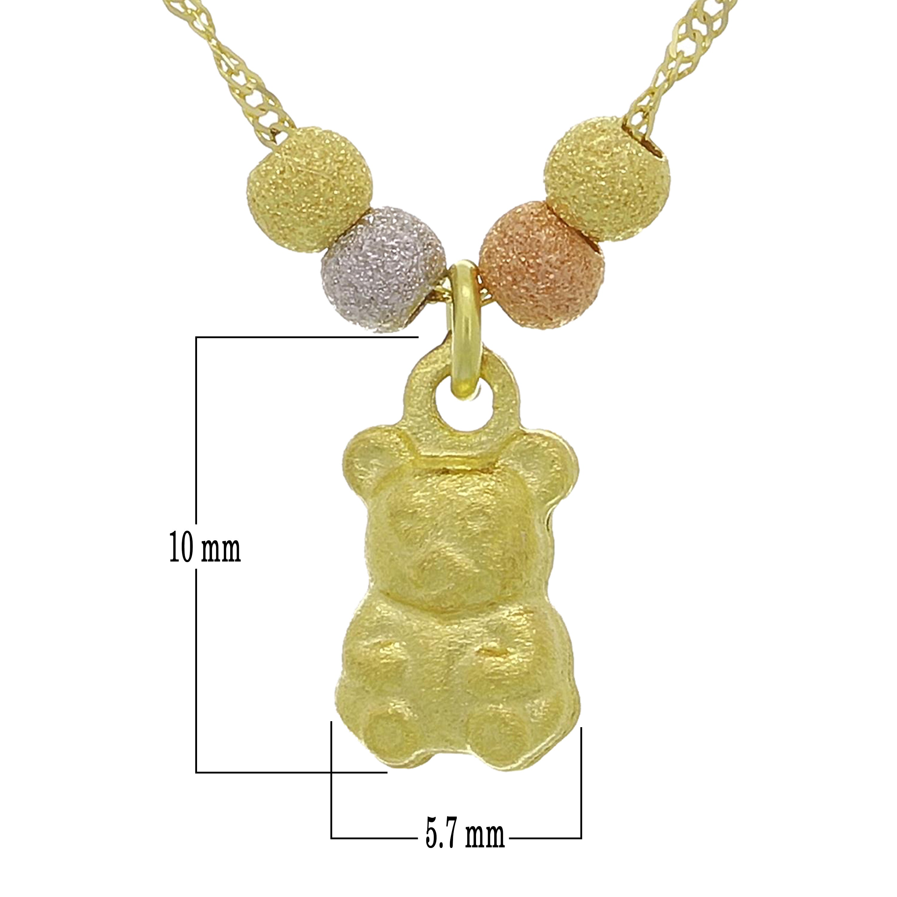 14k Tri Color Gold Satin Finish Teddy Bear Charm Necklace Singapore Chain 17"